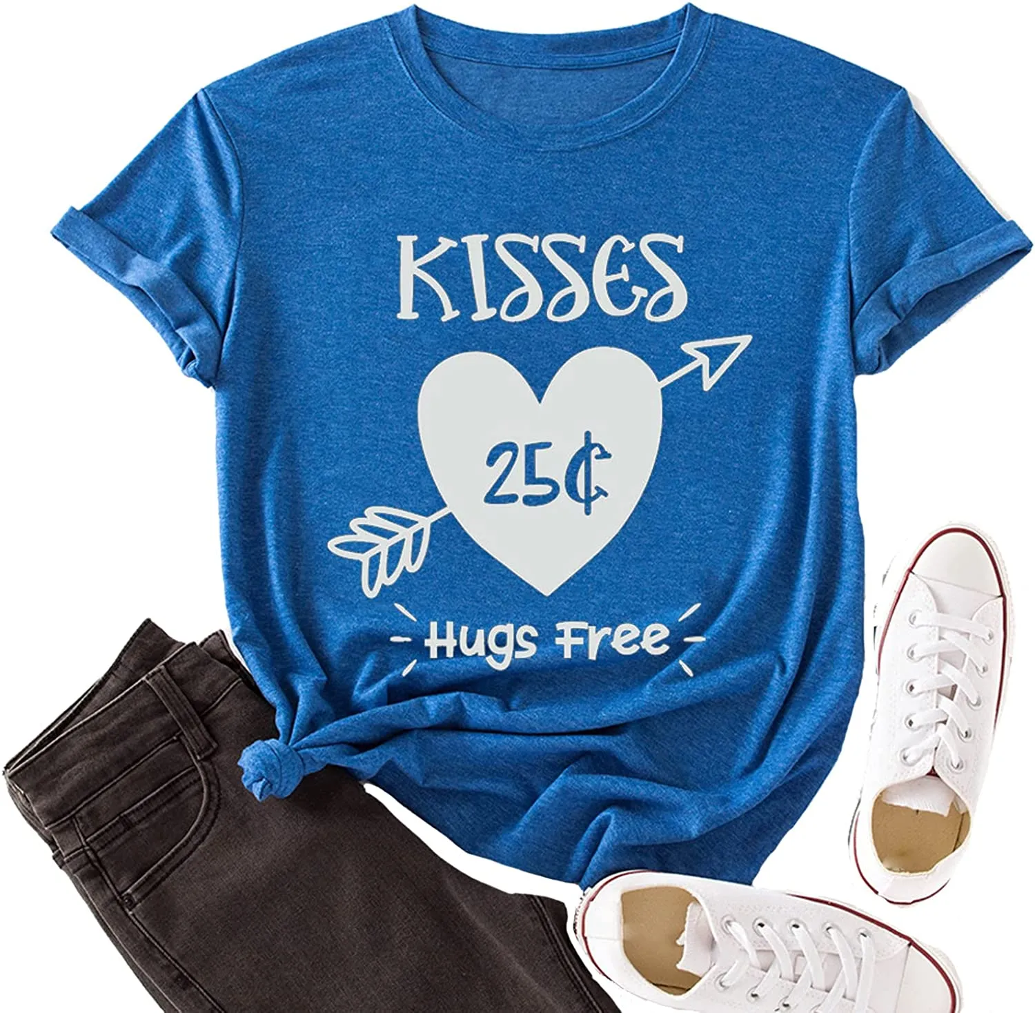 Funny Valentine's Day T-Shirt Women Kisses 25 Cents Hugs Free Tee Tops