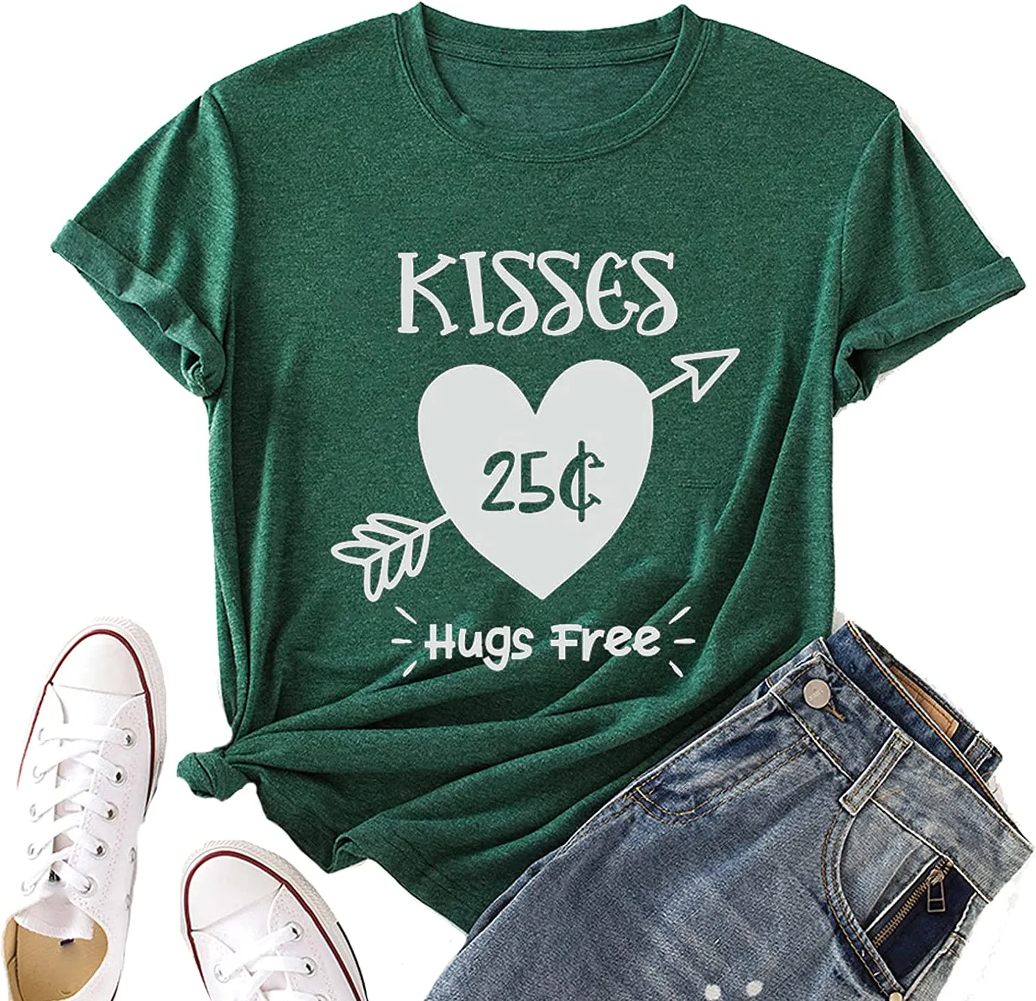 Funny Valentine's Day T-Shirt Women Kisses 25 Cents Hugs Free Tee Tops