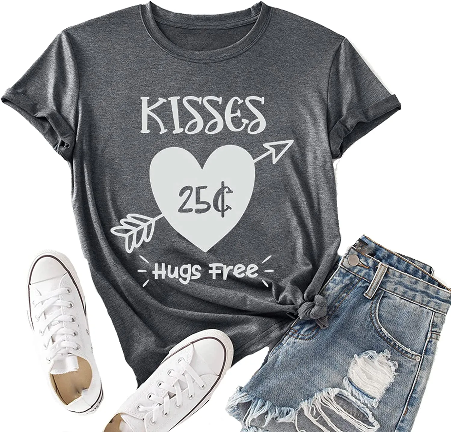 Funny Valentine's Day T-Shirt Women Kisses 25 Cents Hugs Free Tee Tops