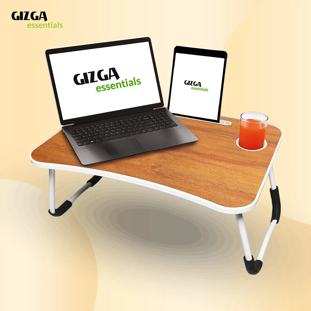 Gizga Essentials Stylish Multi-Purpose Portable Laptop Table, Foldable Wooden Desk for Bed Tray, Laptop Table, Study Table with Mug Holder, Ergonomic, Non-Slip Legs, Breakfast in Bed Table, Tan