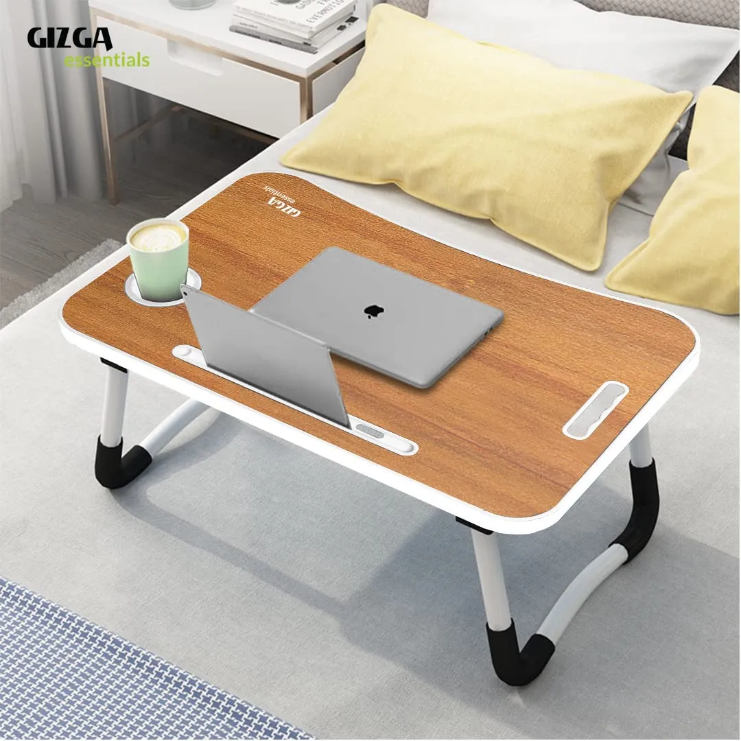 Gizga Essentials Stylish Multi-Purpose Portable Laptop Table, Foldable Wooden Desk for Bed Tray, Laptop Table, Study Table with Mug Holder, Ergonomic, Non-Slip Legs, Breakfast in Bed Table, Tan