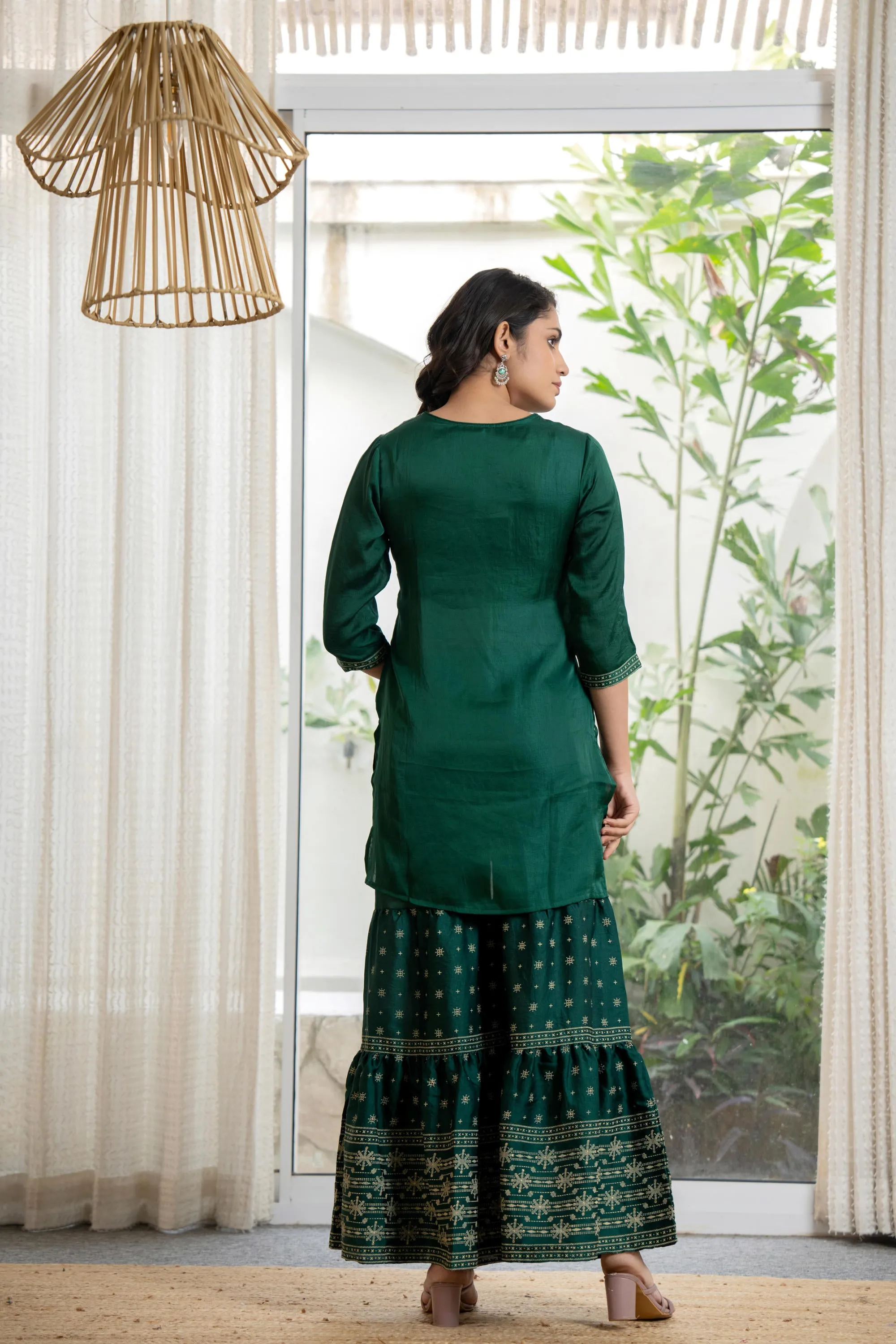 Green mono viscose embroidered tunic, sharara, and poly chanderi dupatta