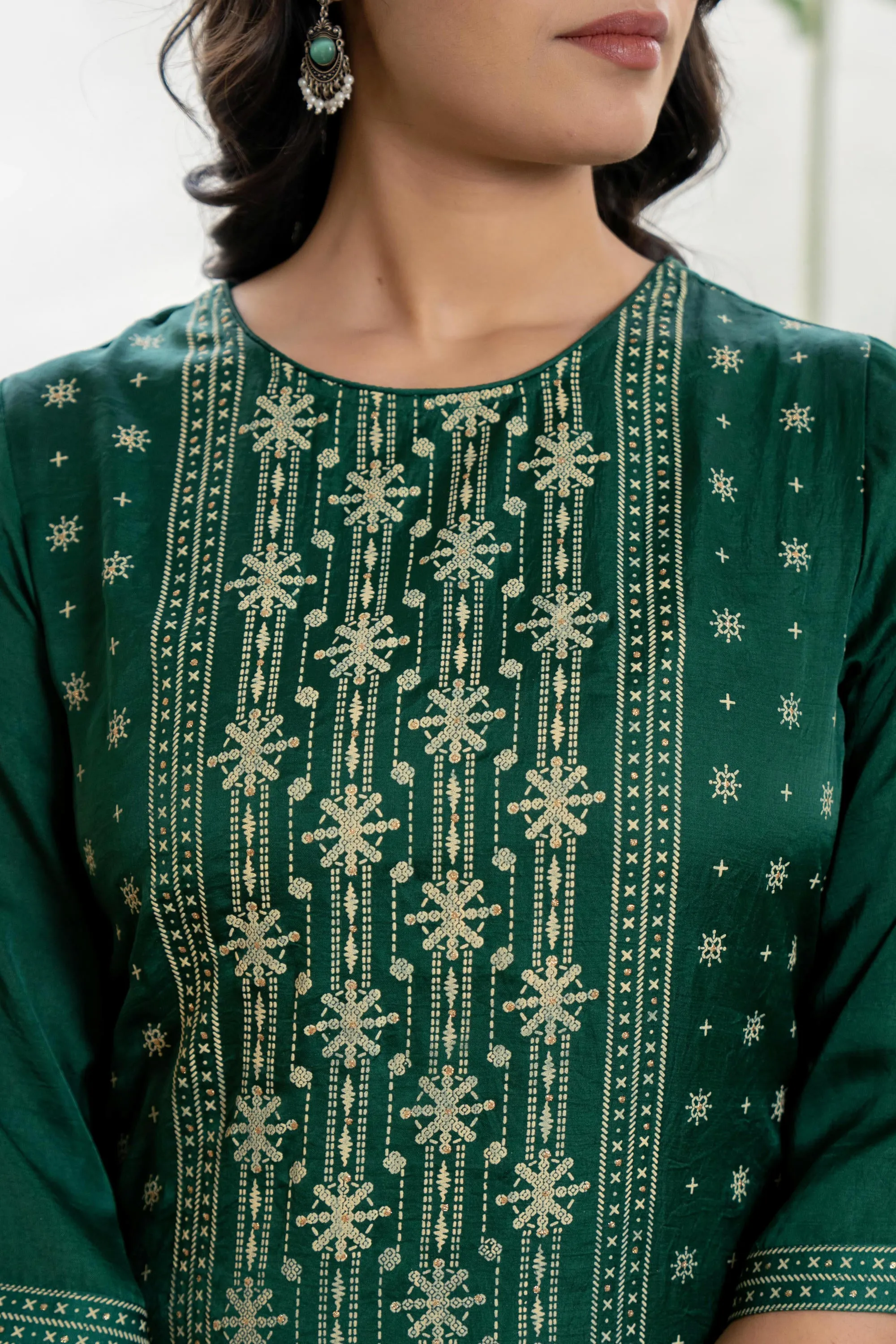 Green mono viscose embroidered tunic, sharara, and poly chanderi dupatta