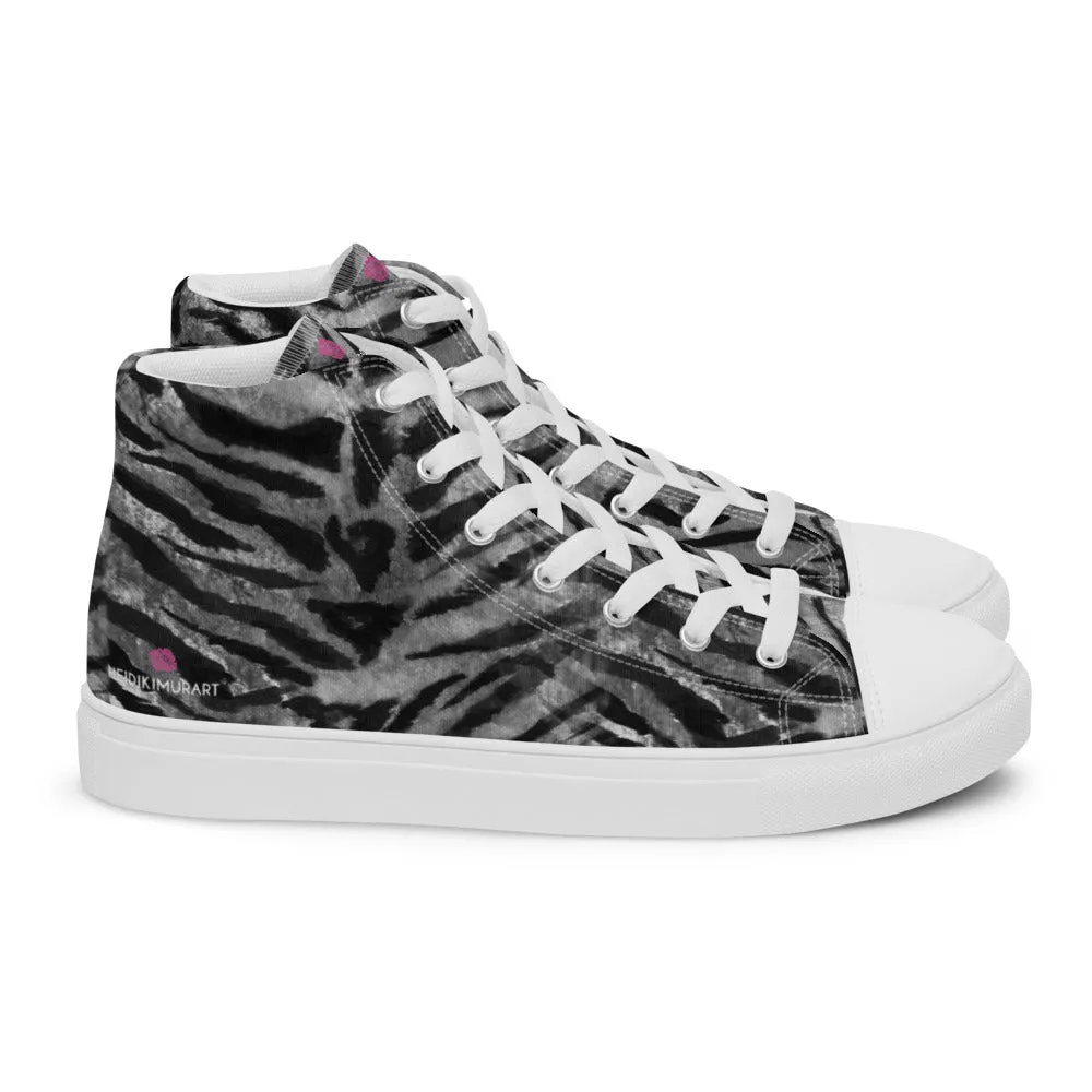 Grey Tiger Striped Men's Sneakers, Tiger Faux Skin Striped Animal Print Designer High Tops For Men