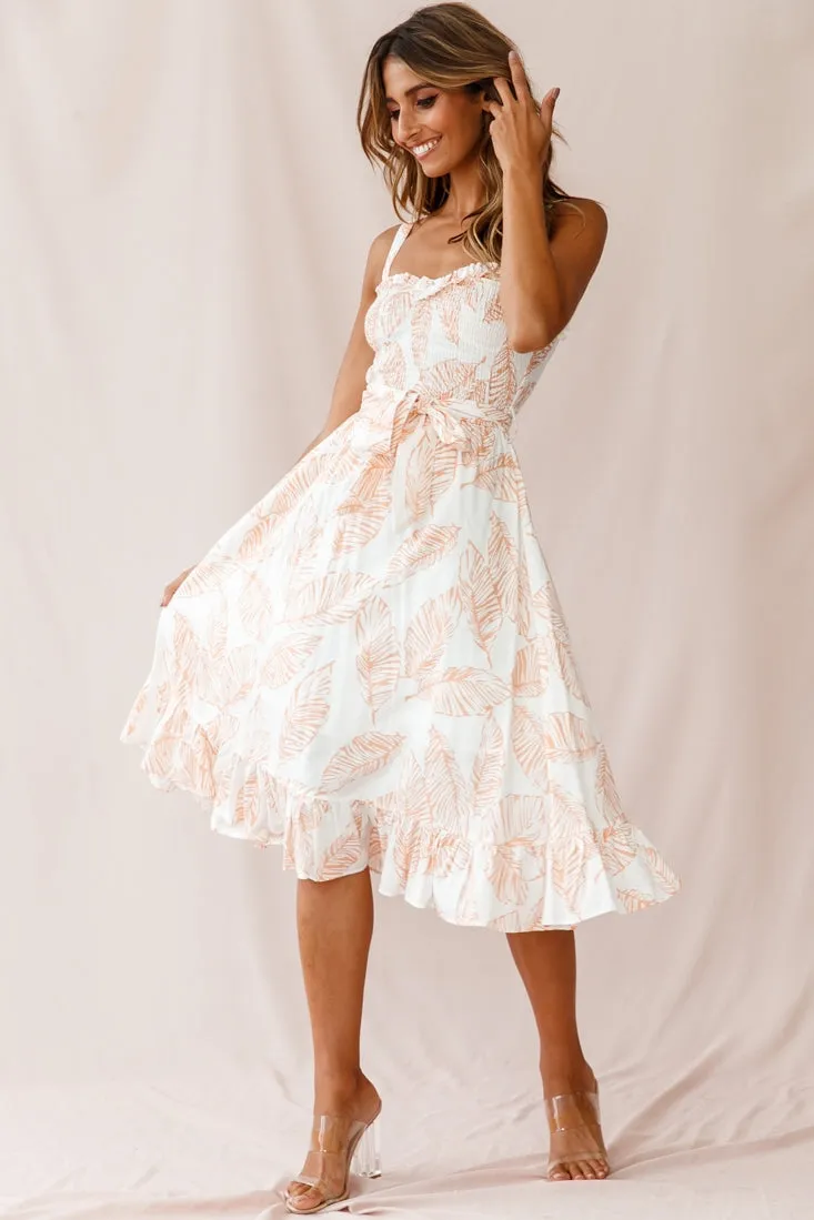 Honey Shirred Frill Midi Dress Nude Print