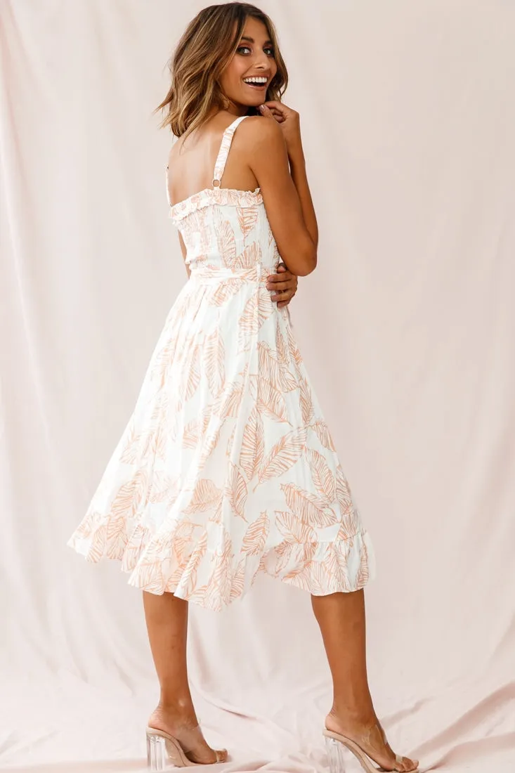 Honey Shirred Frill Midi Dress Nude Print