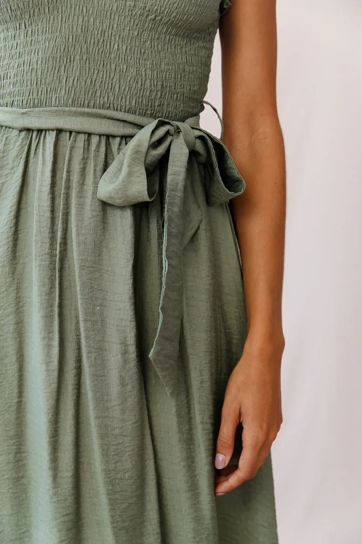 Honey Shirred Frill Midi Dress Olive