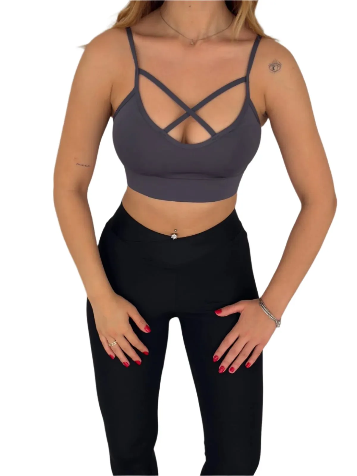 Juniors' and Women's Lightly Padded Workout Wear, Crisscross Front Plunge Neck Top