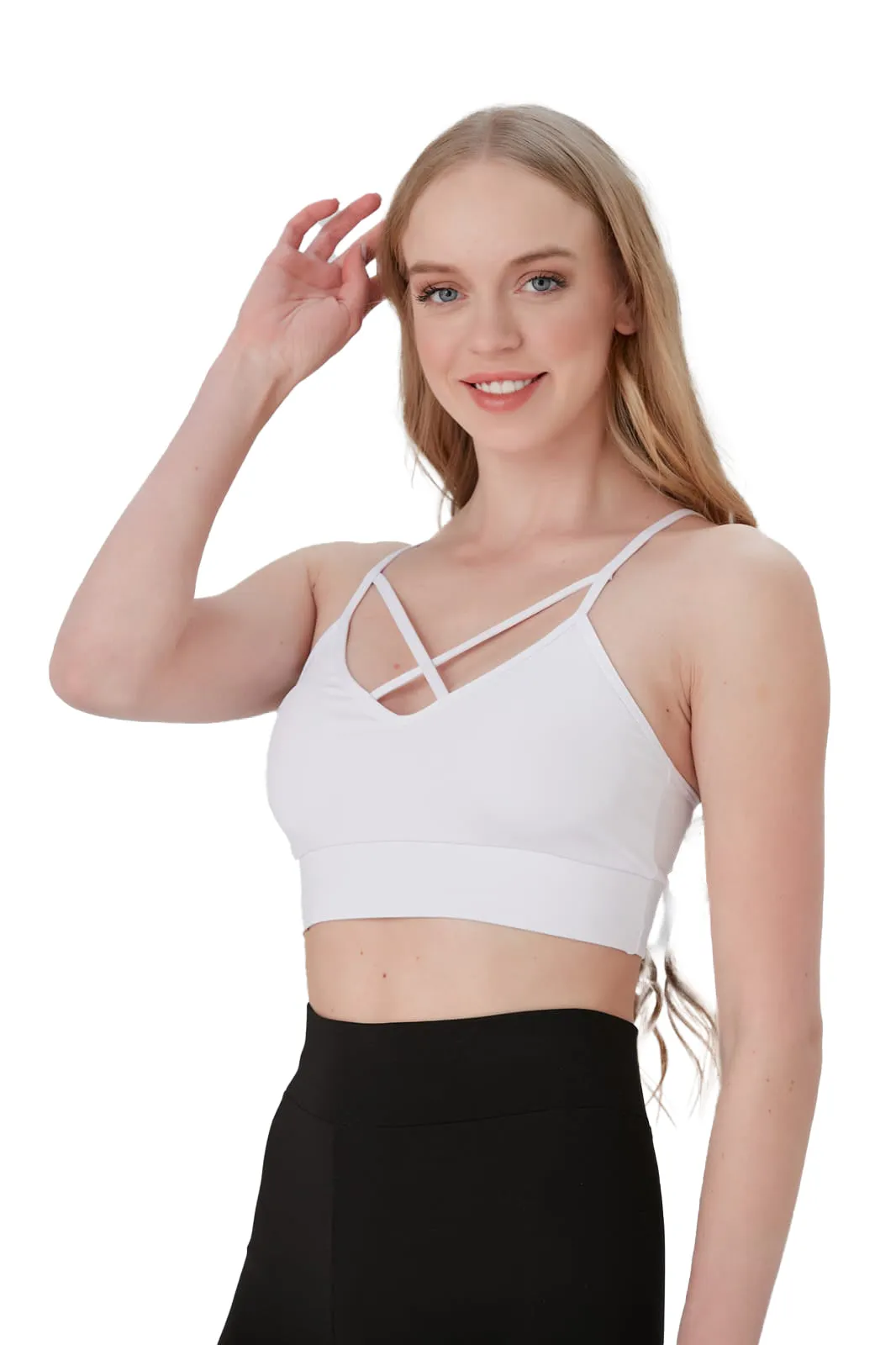 Juniors' and Women's Lightly Padded Workout Wear, Crisscross Front Plunge Neck Top