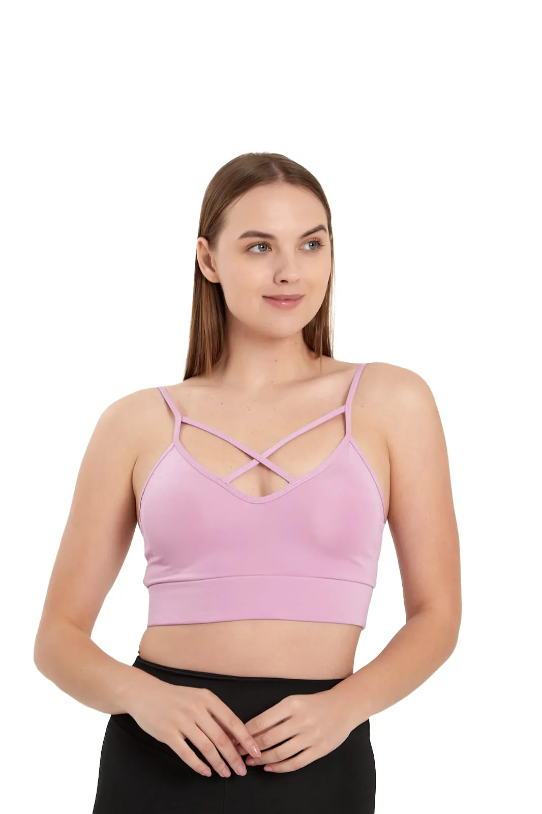 Juniors' and Women's Lightly Padded Workout Wear, Crisscross Front Plunge Neck Top