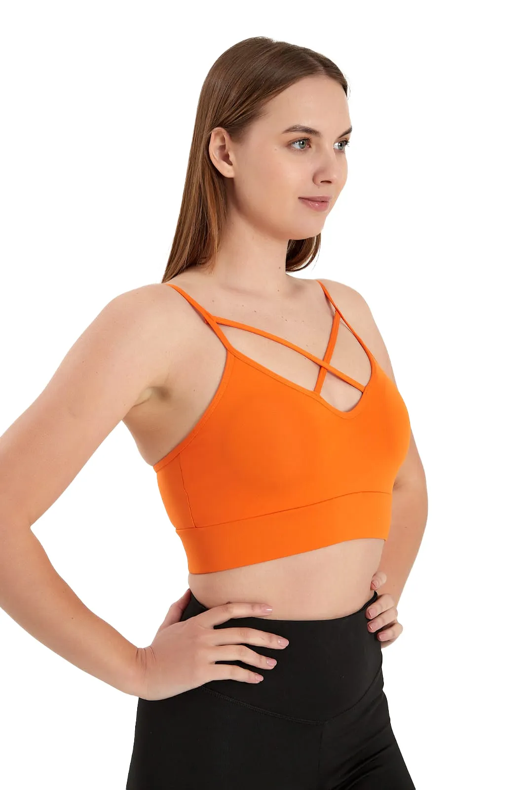 Juniors' and Women's Lightly Padded Workout Wear, Crisscross Front Plunge Neck Top