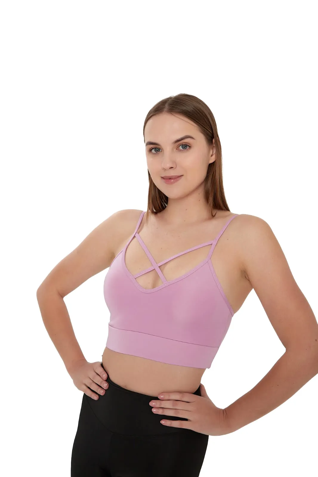 Juniors' and Women's Lightly Padded Workout Wear, Crisscross Front Plunge Neck Top