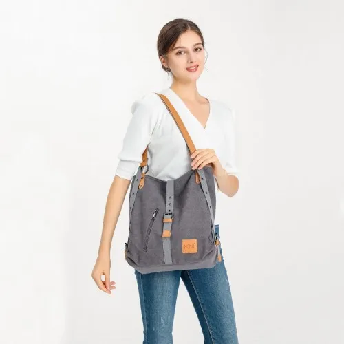 Kono Canvas Hobo Slouch Shoulder Bag and Backpack - Khaki | Stylish & Versatile