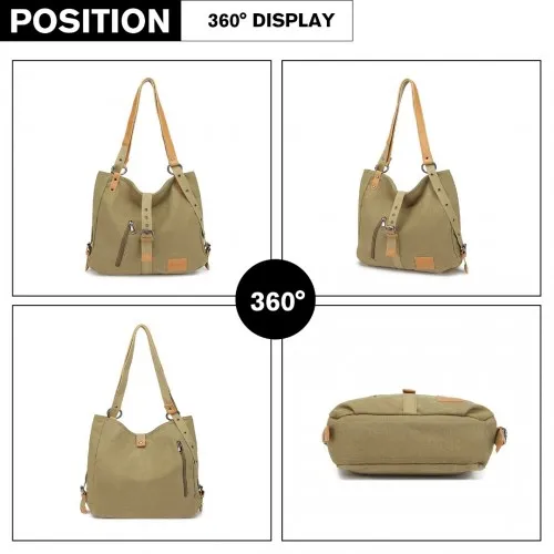 Kono Canvas Hobo Slouch Shoulder Bag and Backpack - Khaki | Stylish & Versatile