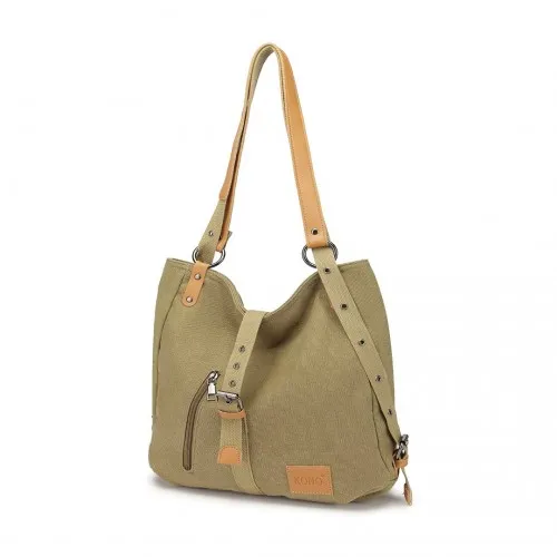 Kono Canvas Hobo Slouch Shoulder Bag and Backpack - Khaki | Stylish & Versatile