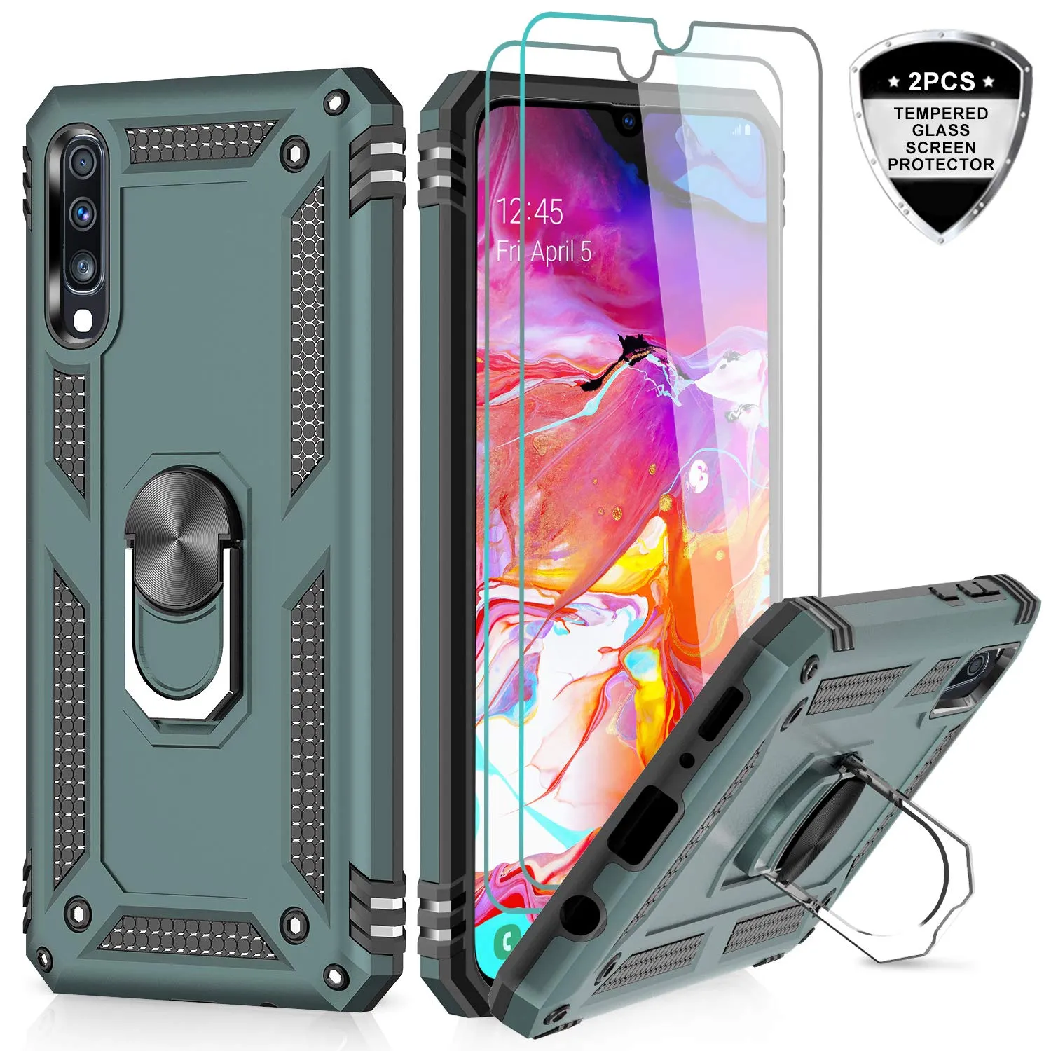 LeYi Galaxy A70/A70S Case with Ring Holder,Full Body Protective Silicone TPU Personalised Shockproof Tough Armour Phone Cover with 2 Tempered Glass