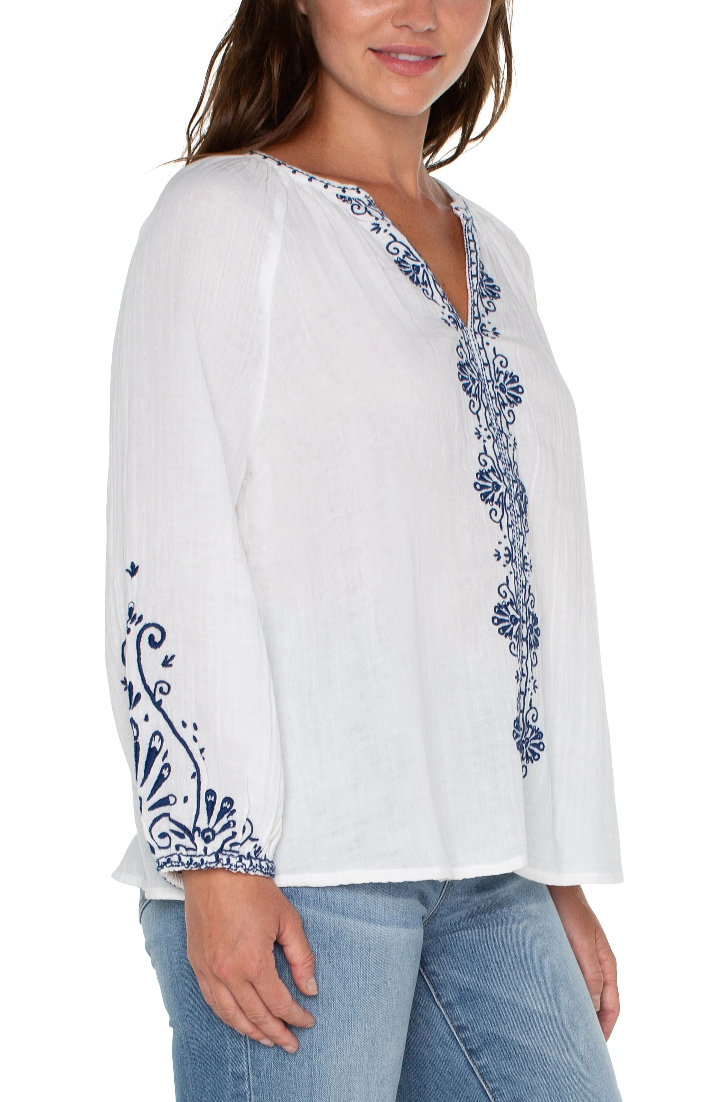 Long Sleeve Embroidered double Gauze Woven Top