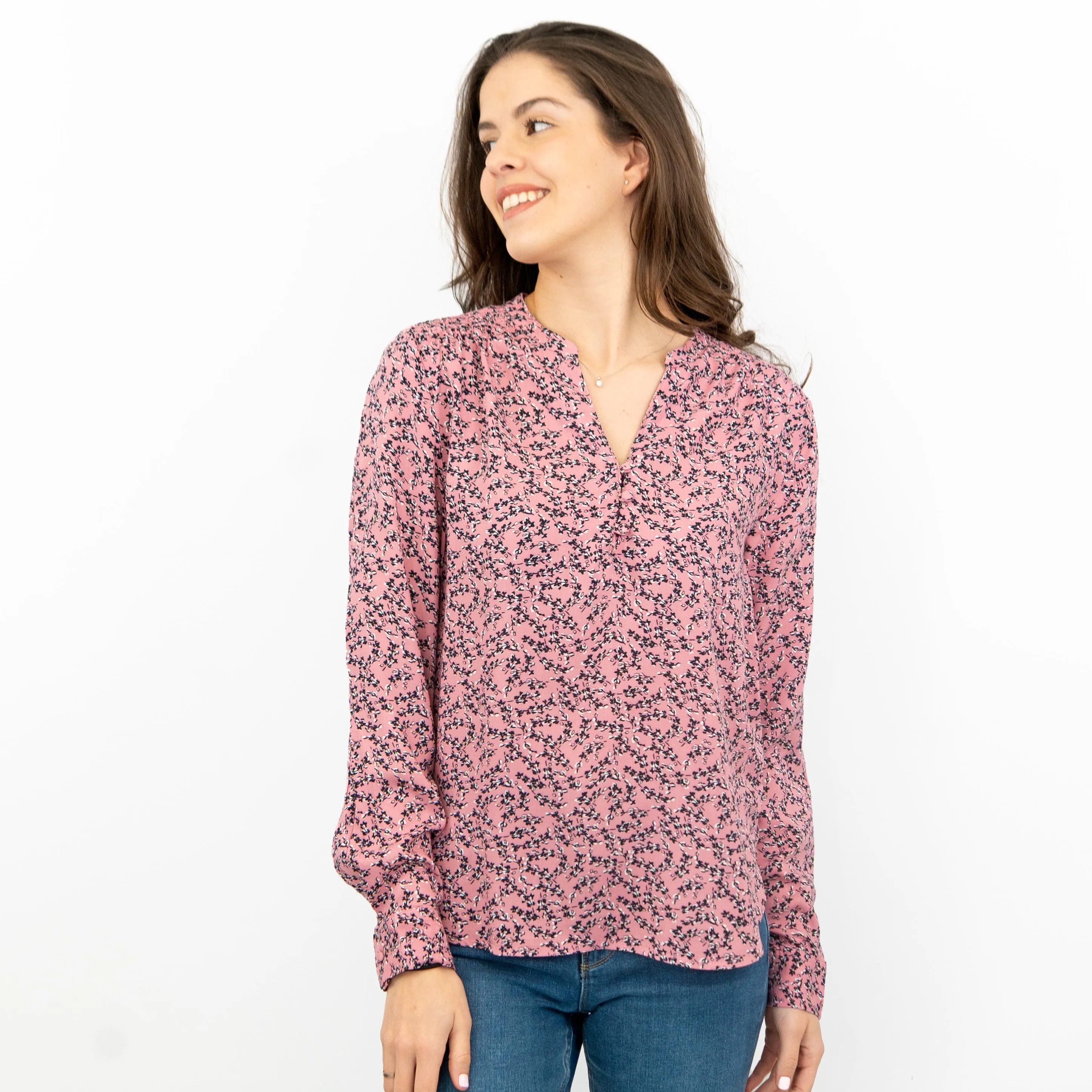 M&S Pink Ditsy Floral Print Long Sleeve Lightweight Relaxed Tops