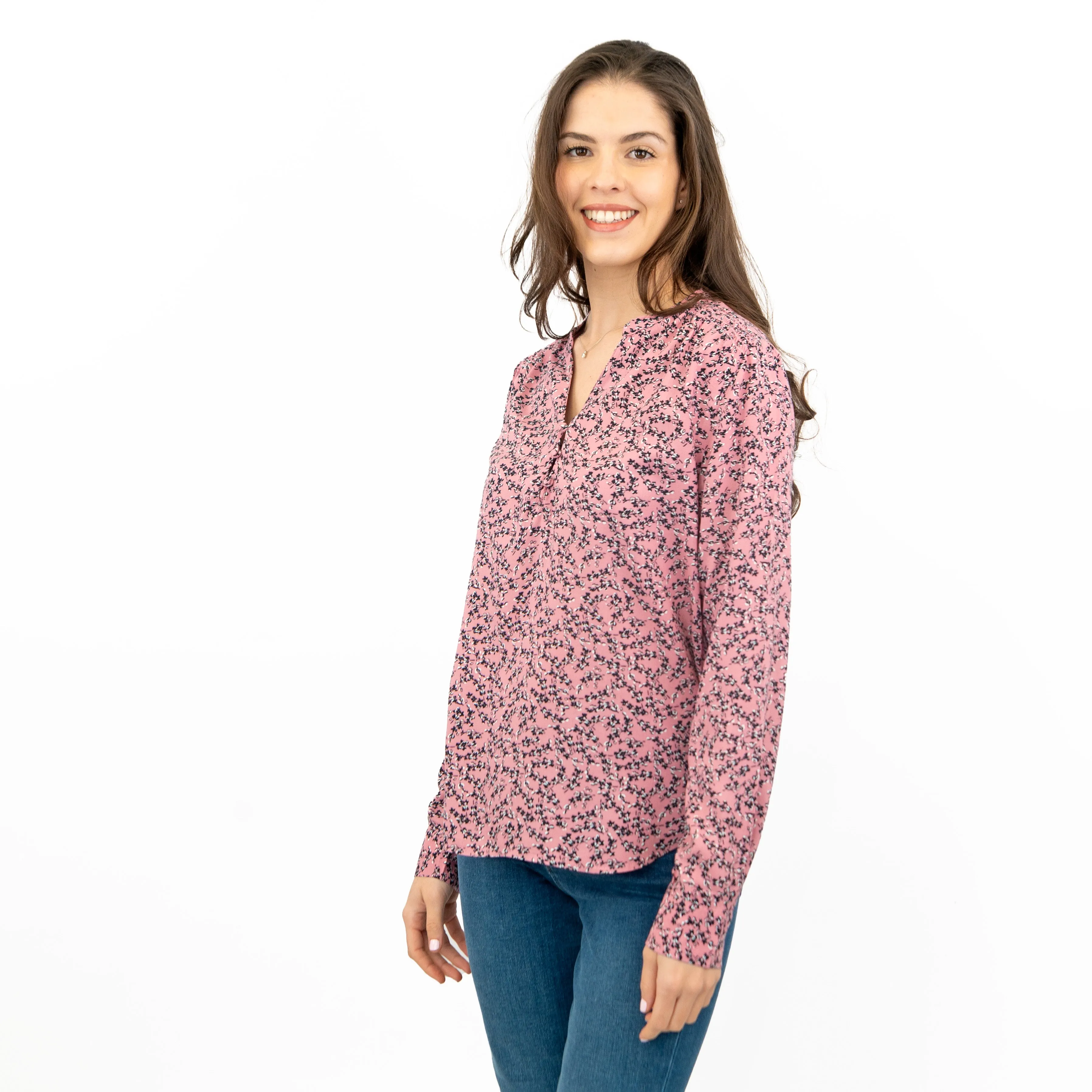 M&S Pink Ditsy Floral Print Long Sleeve Lightweight Relaxed Tops