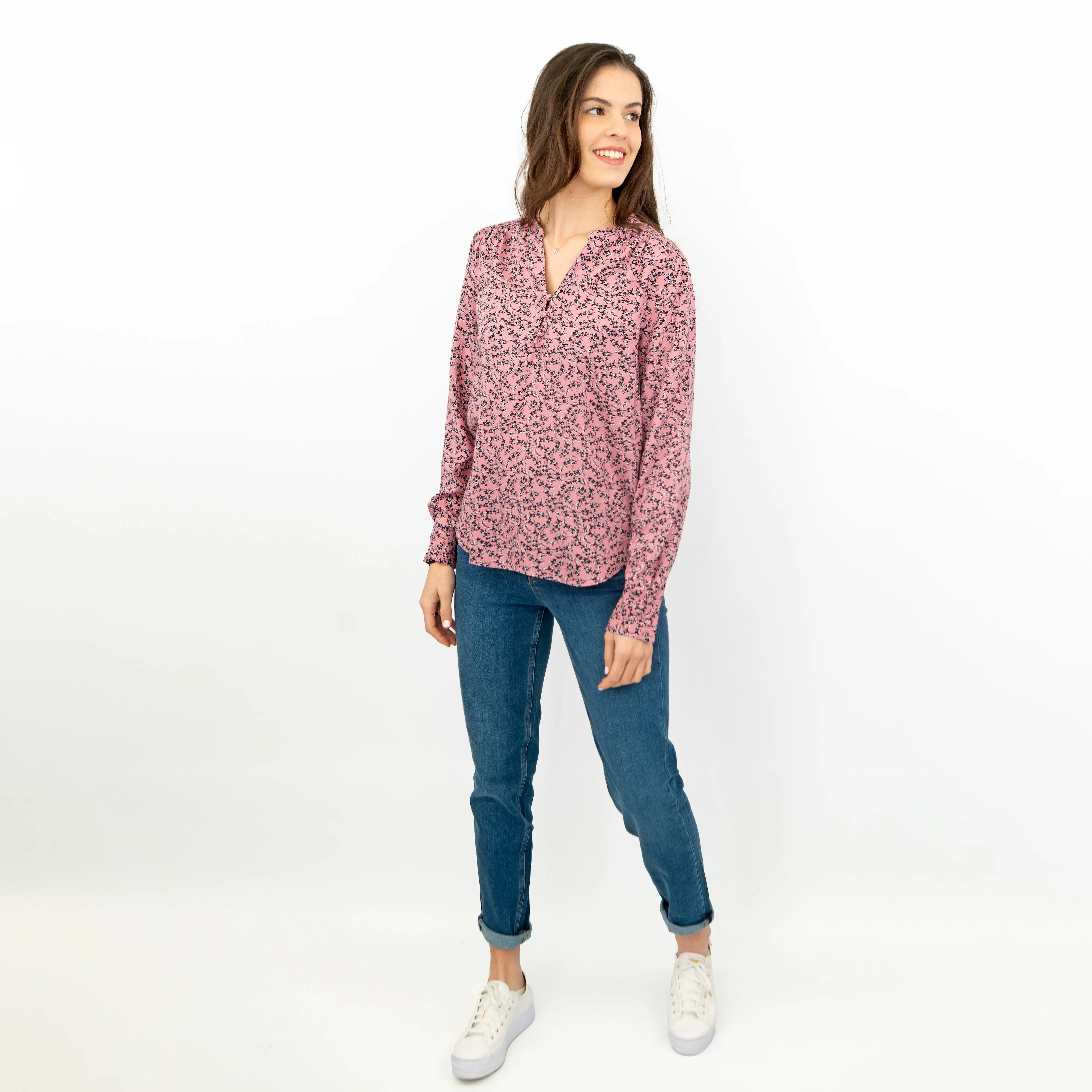 M&S Pink Ditsy Floral Print Long Sleeve Lightweight Relaxed Tops