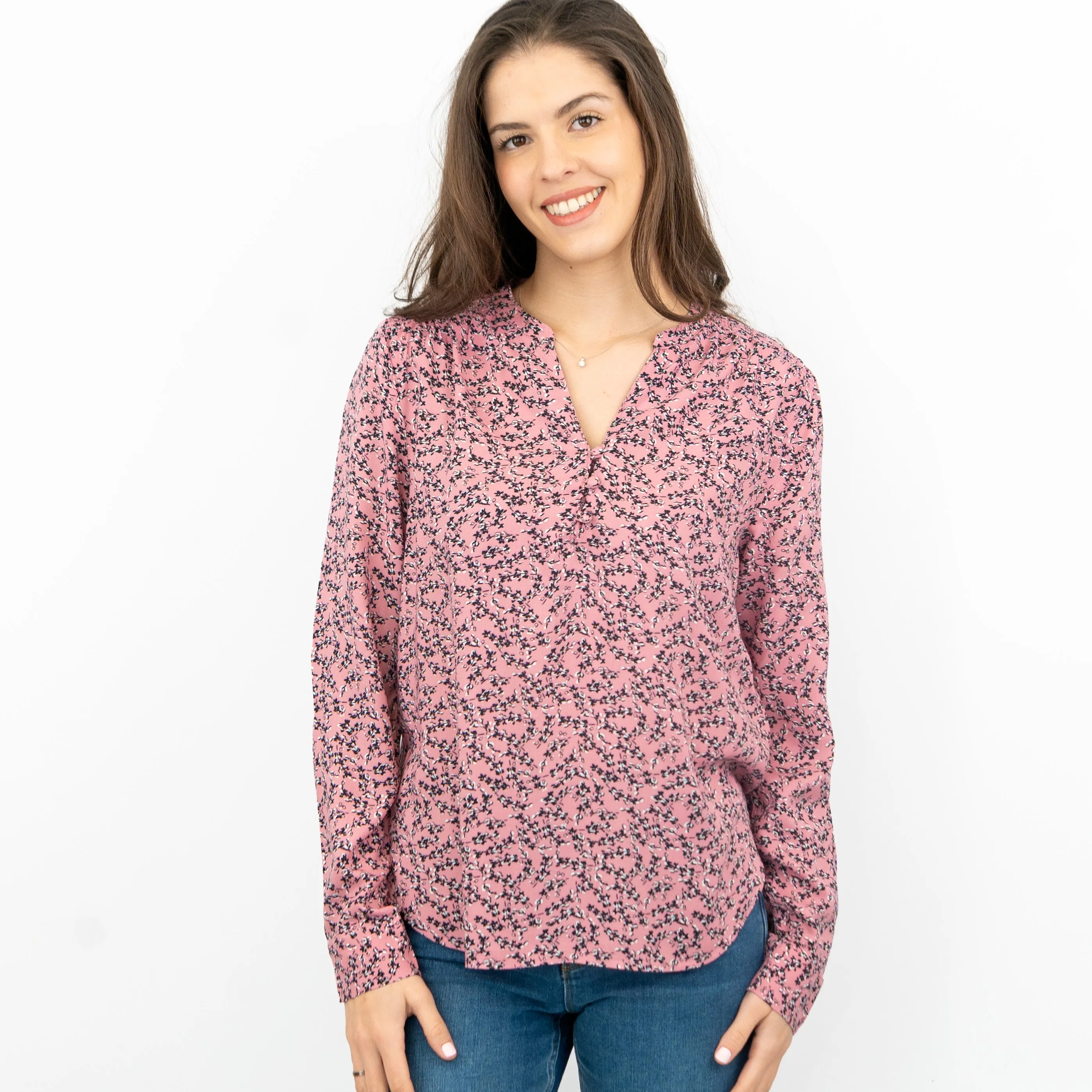 M&S Pink Ditsy Floral Print Long Sleeve Lightweight Relaxed Tops