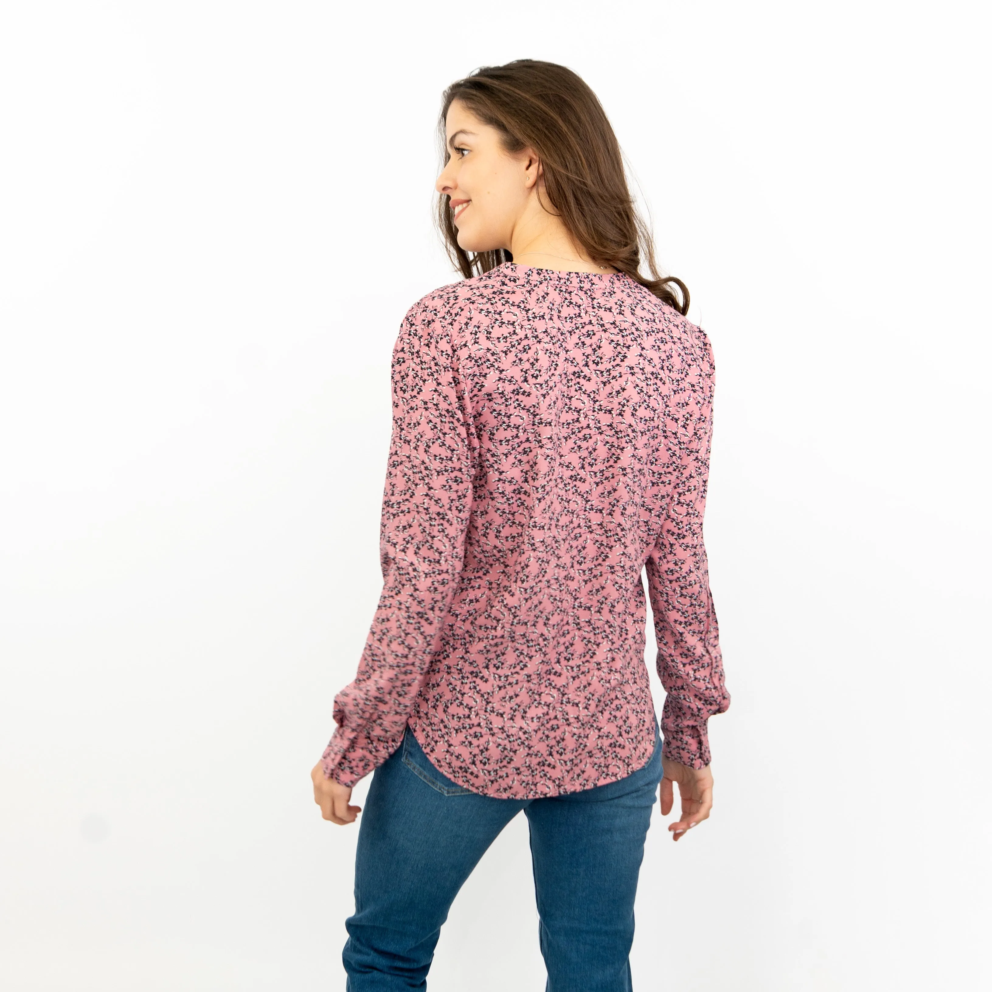 M&S Pink Ditsy Floral Print Long Sleeve Lightweight Relaxed Tops