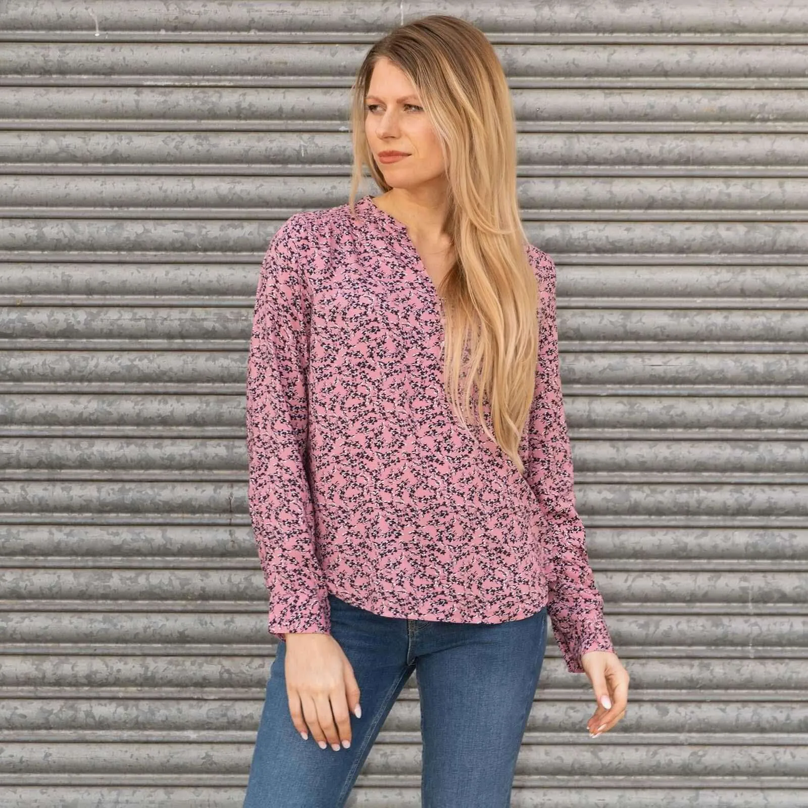 M&S Pink Ditsy Floral Print Long Sleeve Lightweight Relaxed Tops