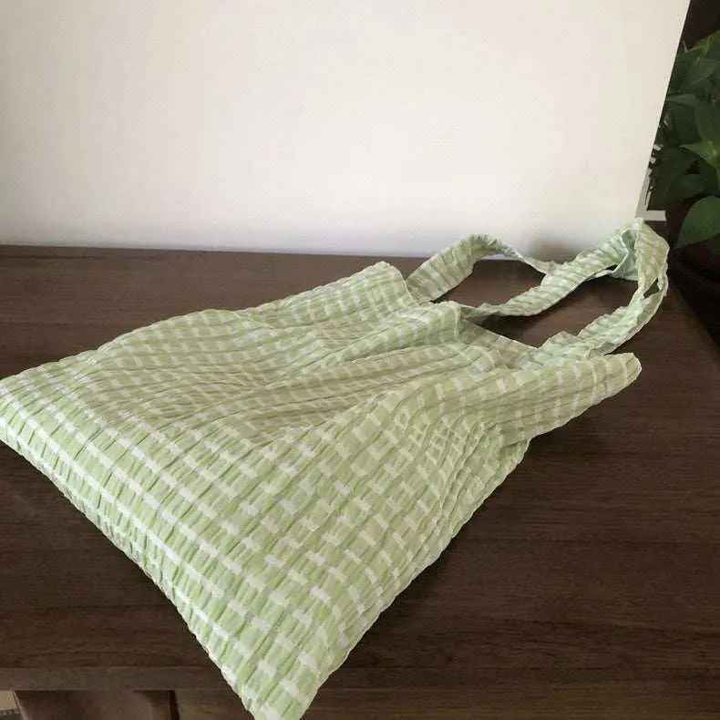 Mint green checkered canvas bag, small fresh one shoulder candy color, versatile fairy girl bag for going out