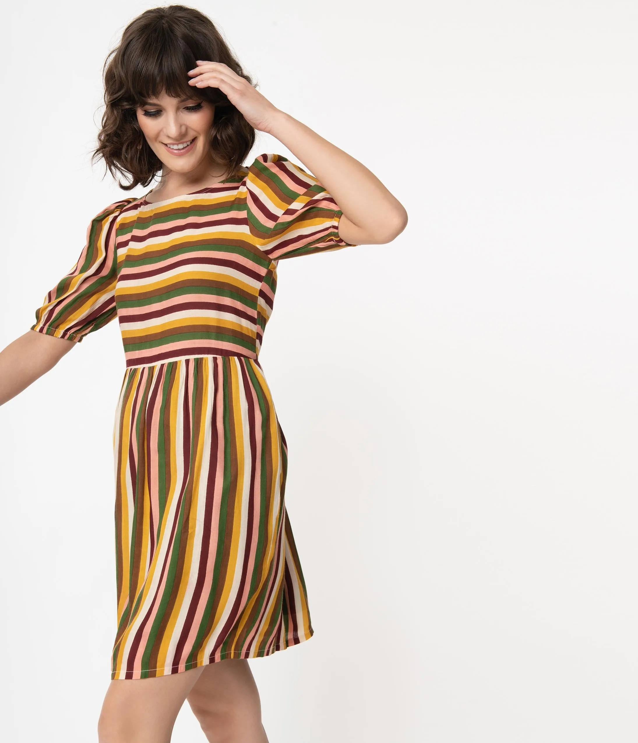 Multicolor Earth Tone Stripe Fit & Flare Dress