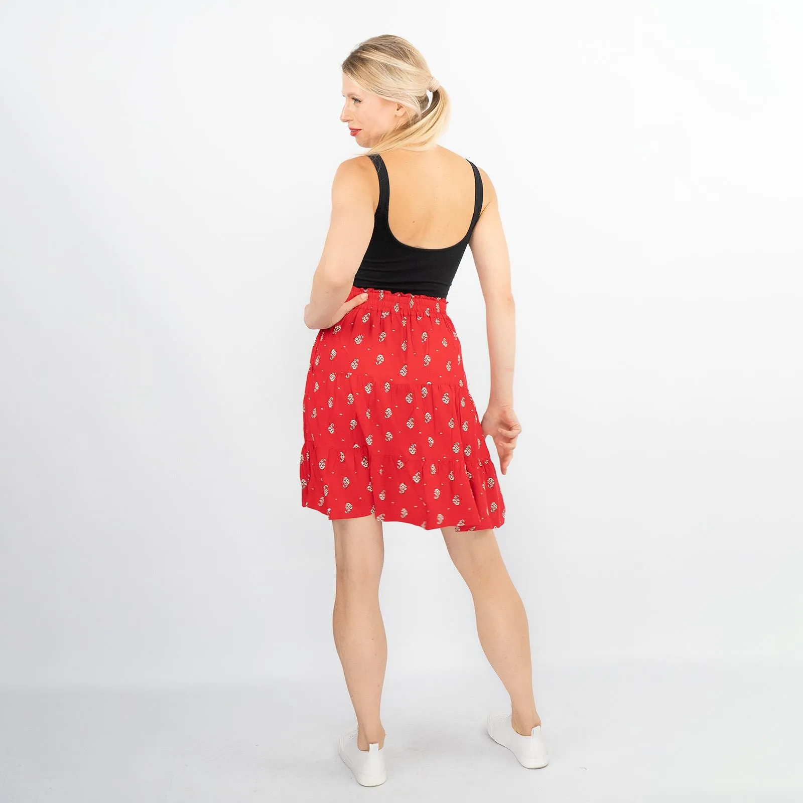 Next Red Floral Elasticated Waist Flare Casual Summer Tiered Short Skirts