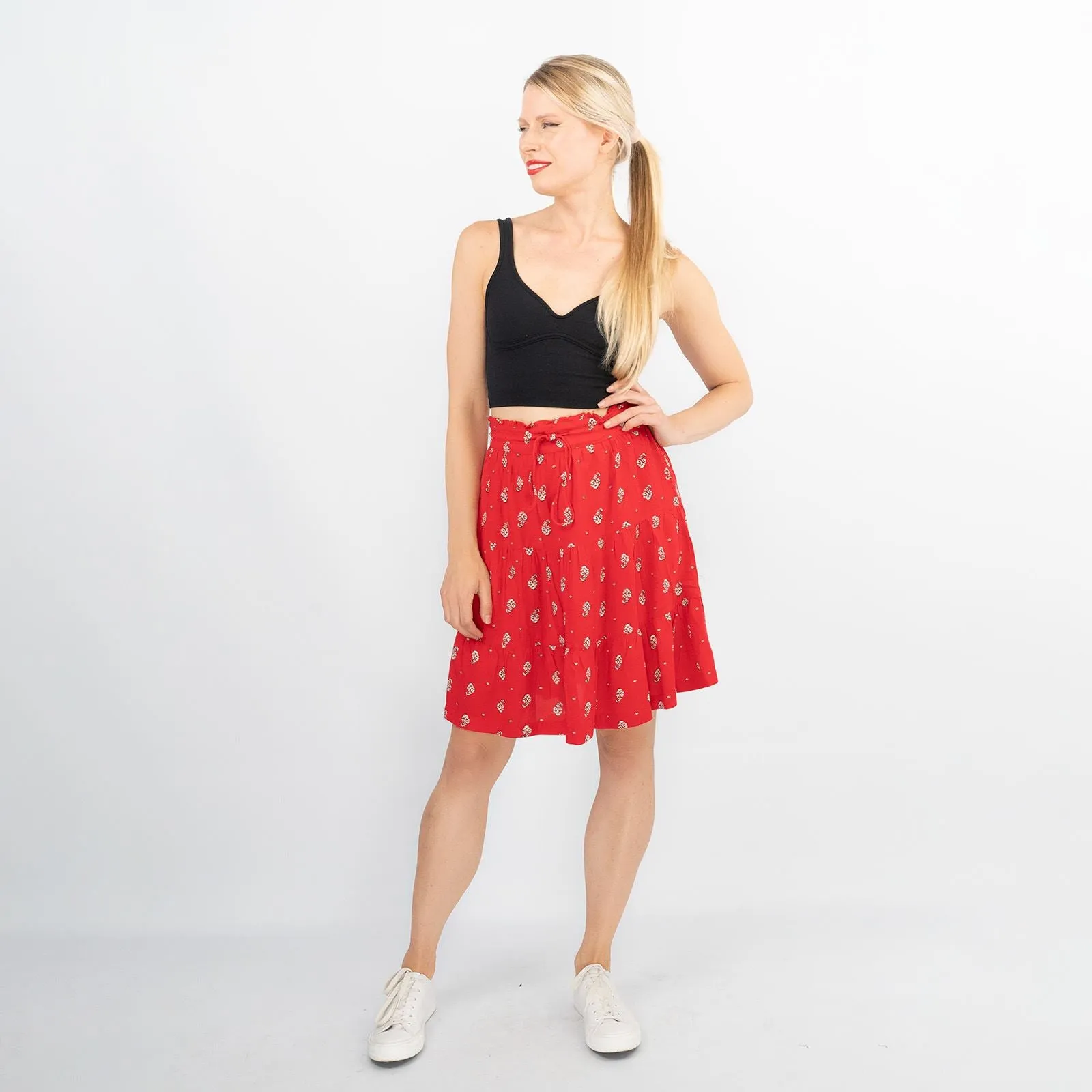 Next Red Floral Elasticated Waist Flare Casual Summer Tiered Short Skirts