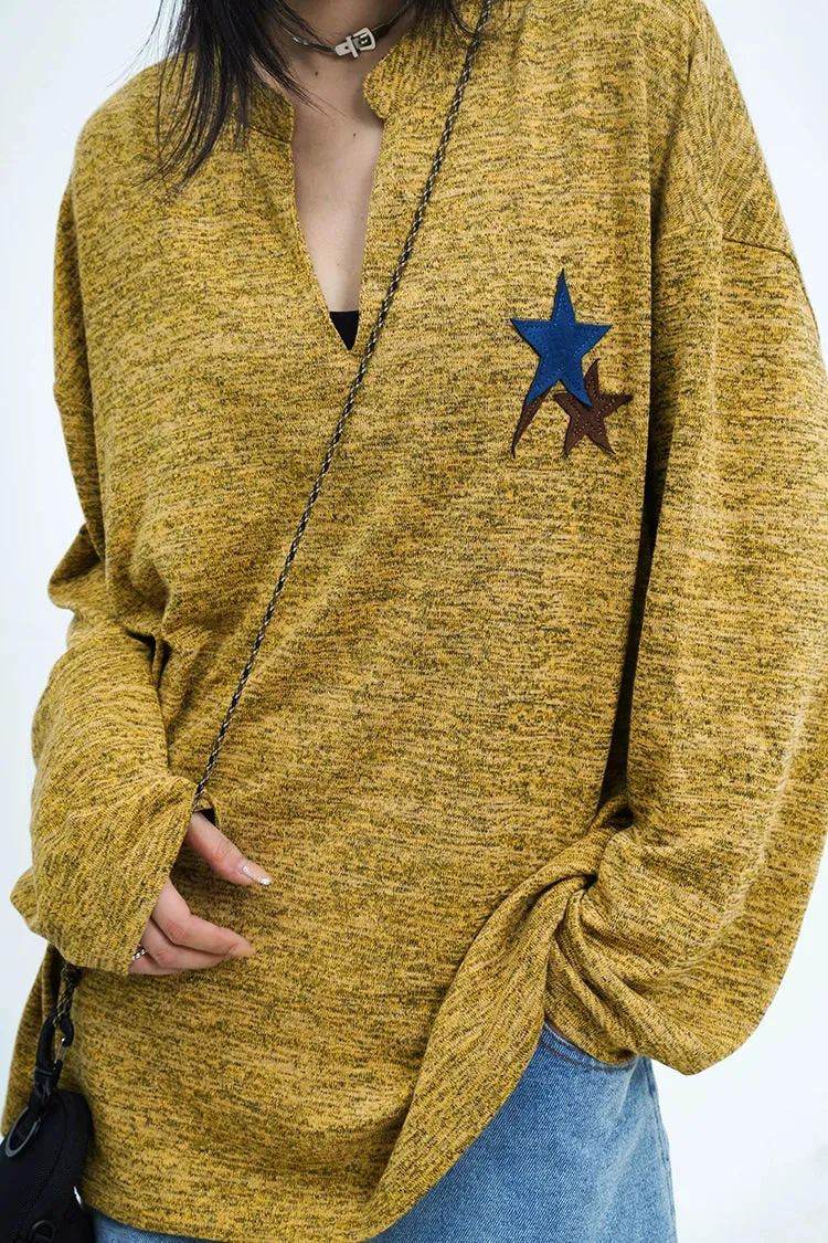 Oversized Heathered Long Sleeve Star-Print Tee