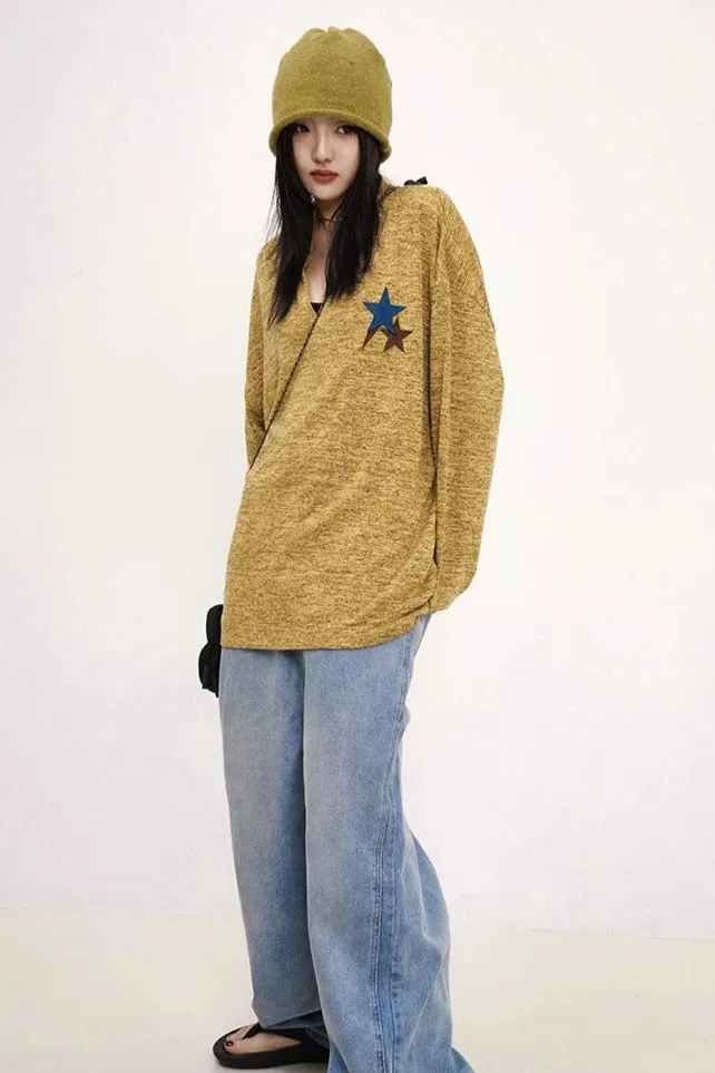 Oversized Heathered Long Sleeve Star-Print Tee