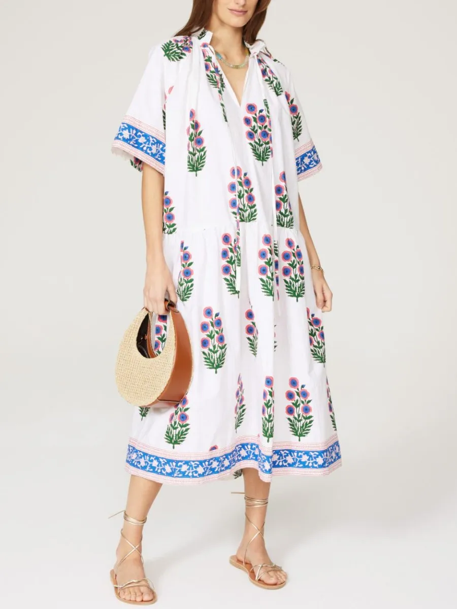 Pink Poppies Print Cotton Midi Dress