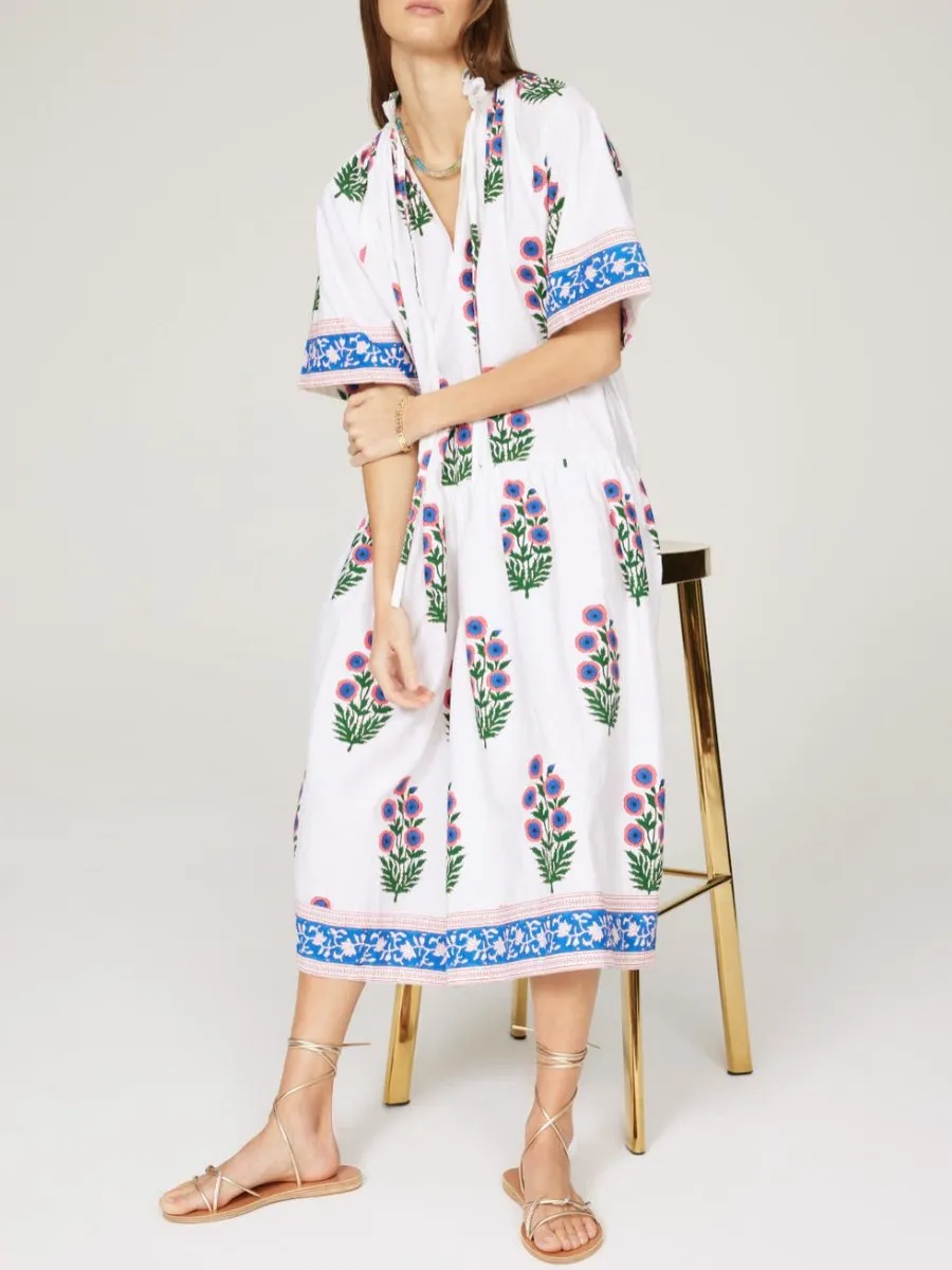 Pink Poppies Print Cotton Midi Dress