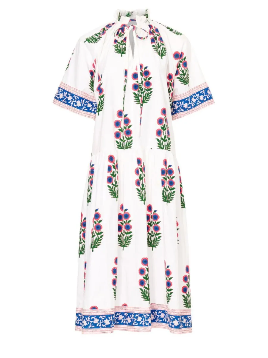 Pink Poppies Print Cotton Midi Dress