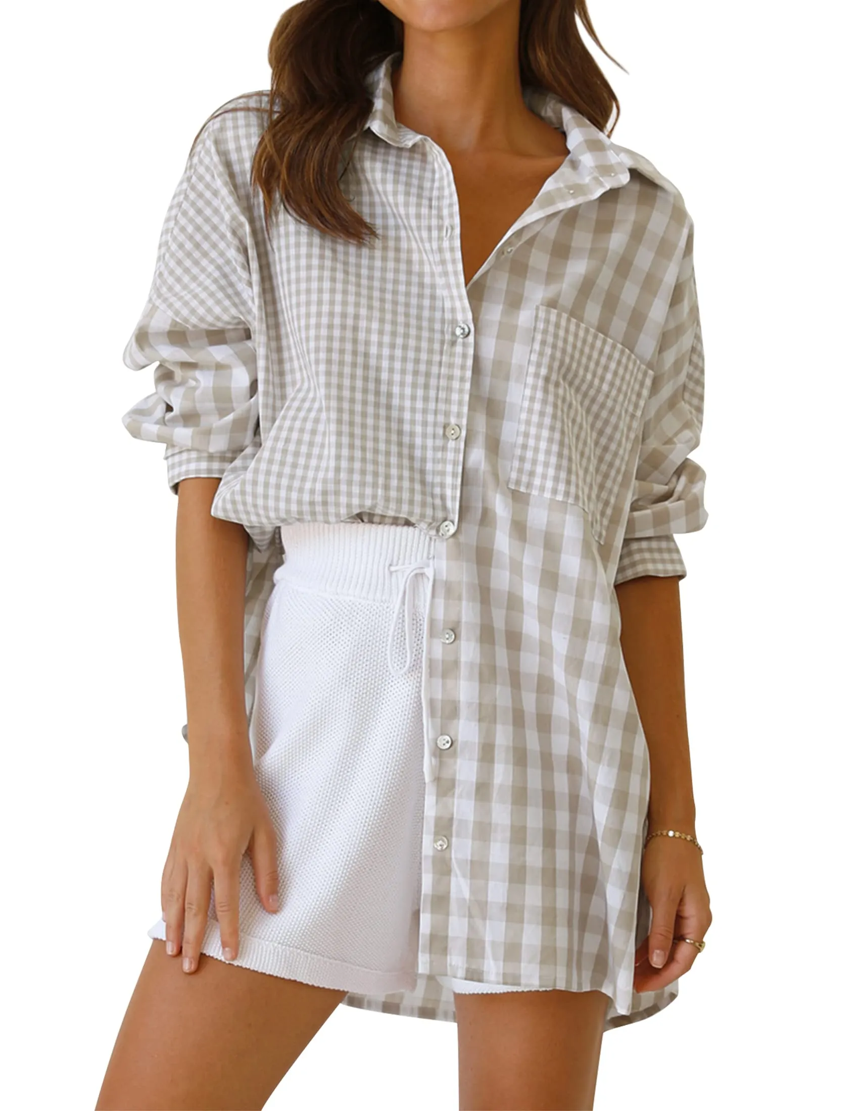 Plaid Patchwork Button Down Oversized Shirt Blouse Top