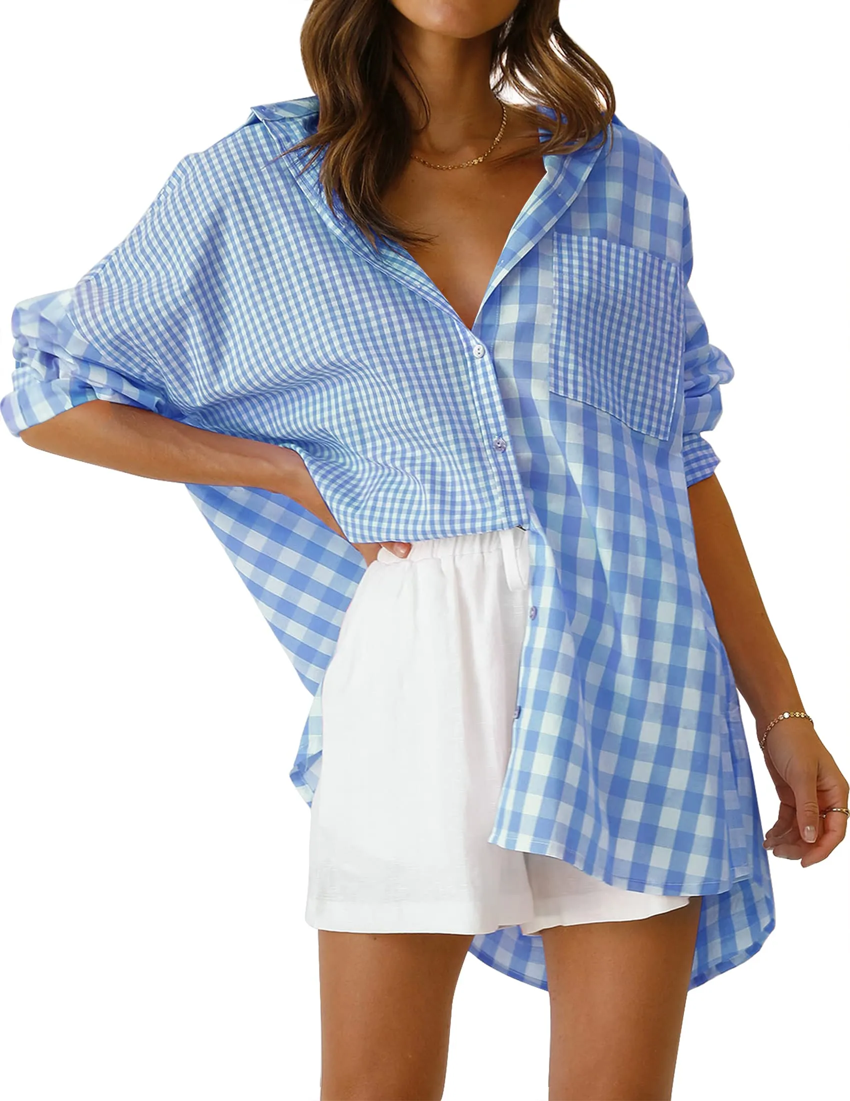 Plaid Patchwork Button Down Oversized Shirt Blouse Top