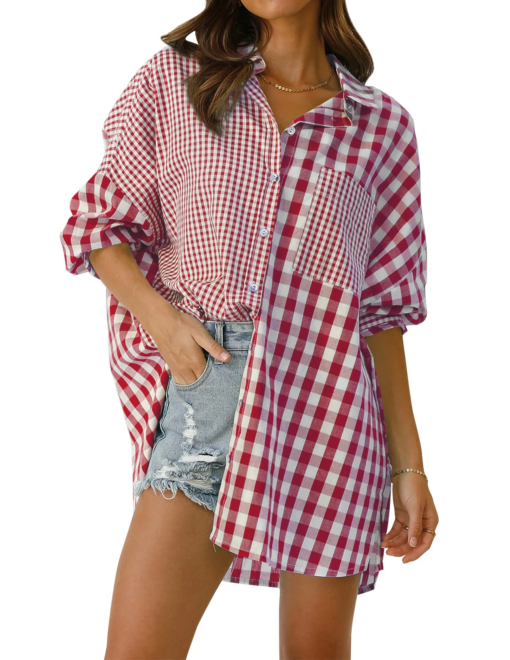 Plaid Patchwork Button Down Oversized Shirt Blouse Top