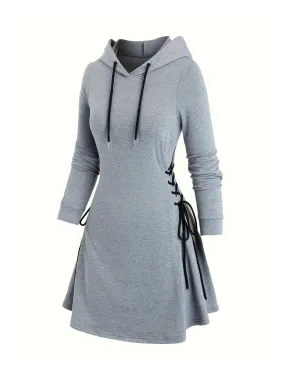 Plus Size Gothic Hooded Sweatshirt Dress - Lace-Up Side Drawstring, Elegant & Comfy, Machine Washable