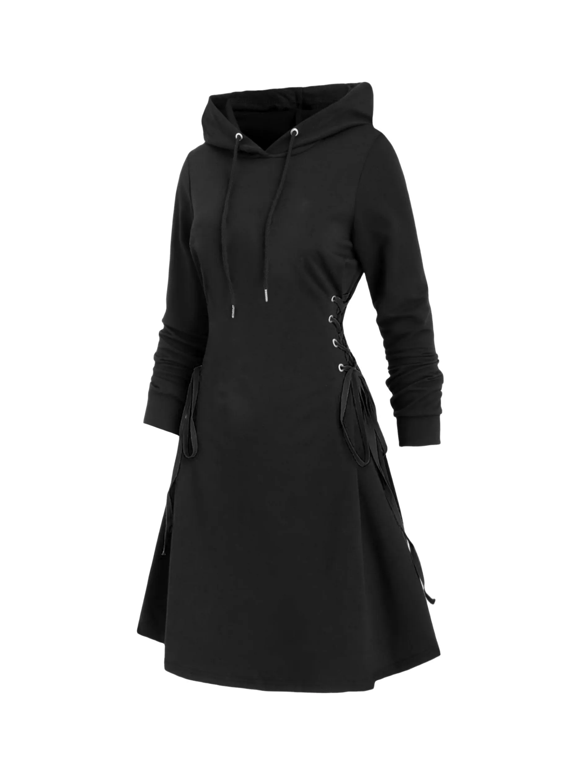 Plus Size Gothic Hooded Sweatshirt Dress - Lace-Up Side Drawstring, Elegant & Comfy, Machine Washable