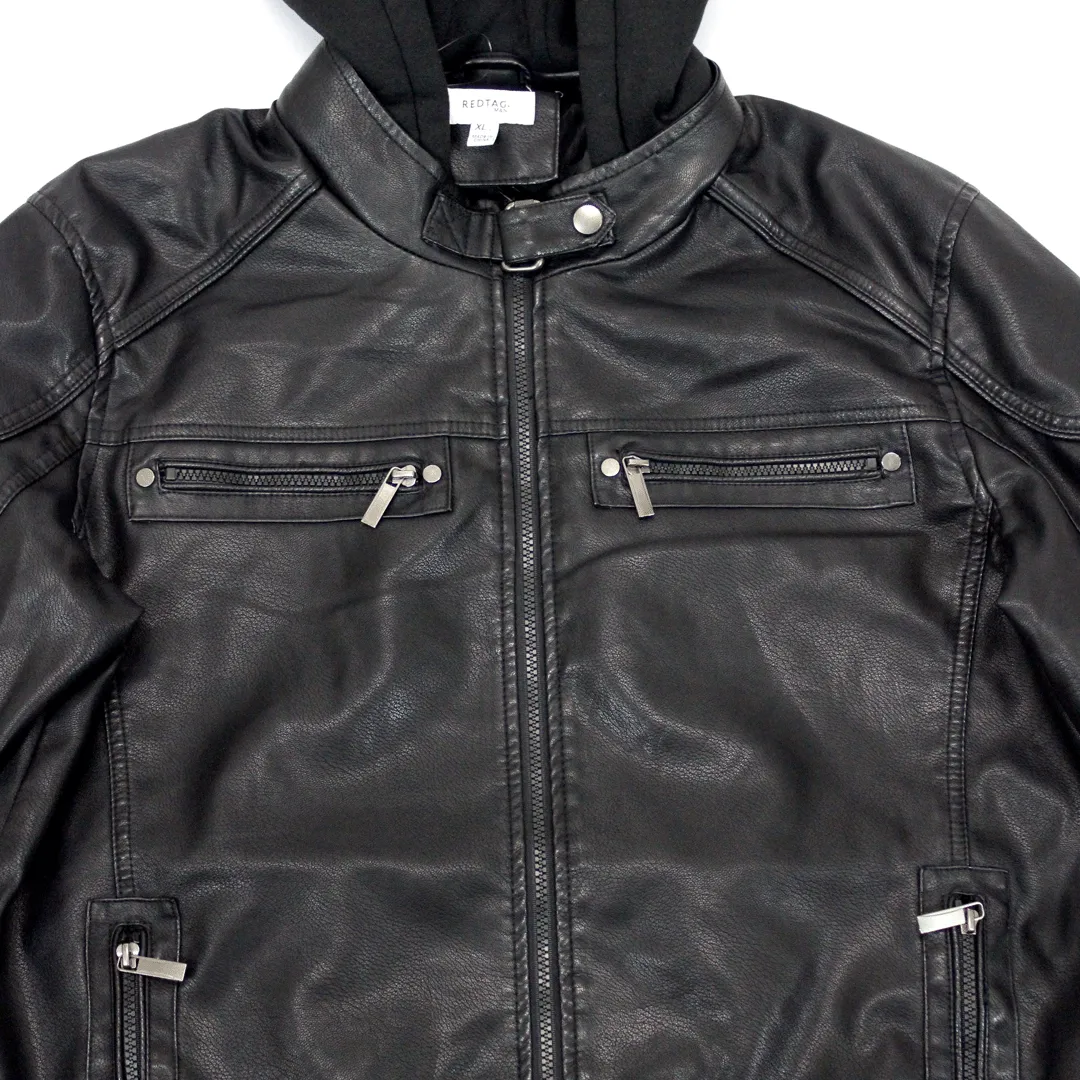 Point Leather  Black Jacket PU with Hoody