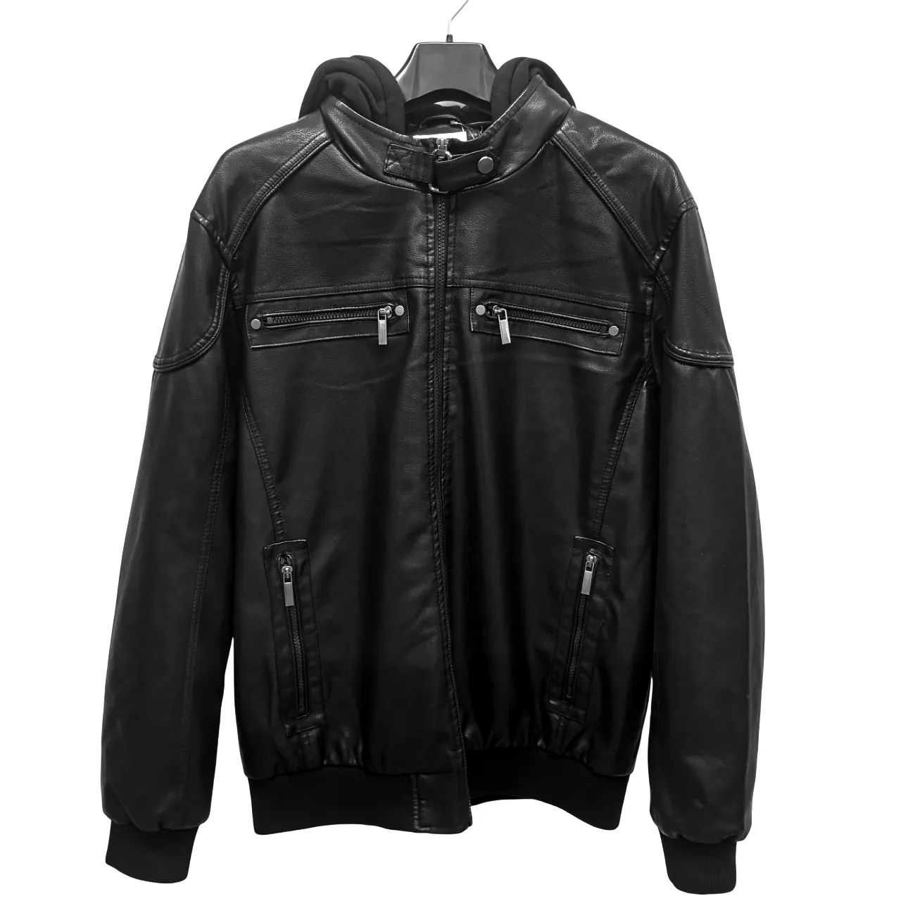 Point Leather  Black Jacket PU with Hoody