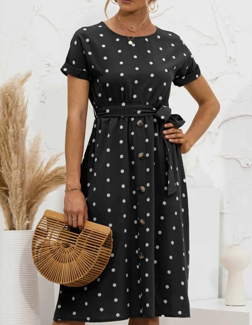 Polka Dot Round Neckline Midi Dress