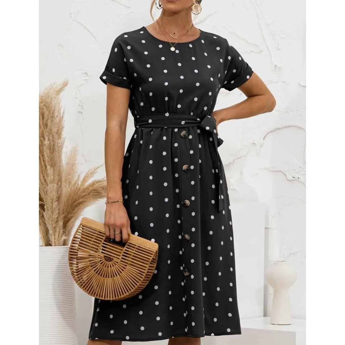 Polka Dot Round Neckline Midi Dress