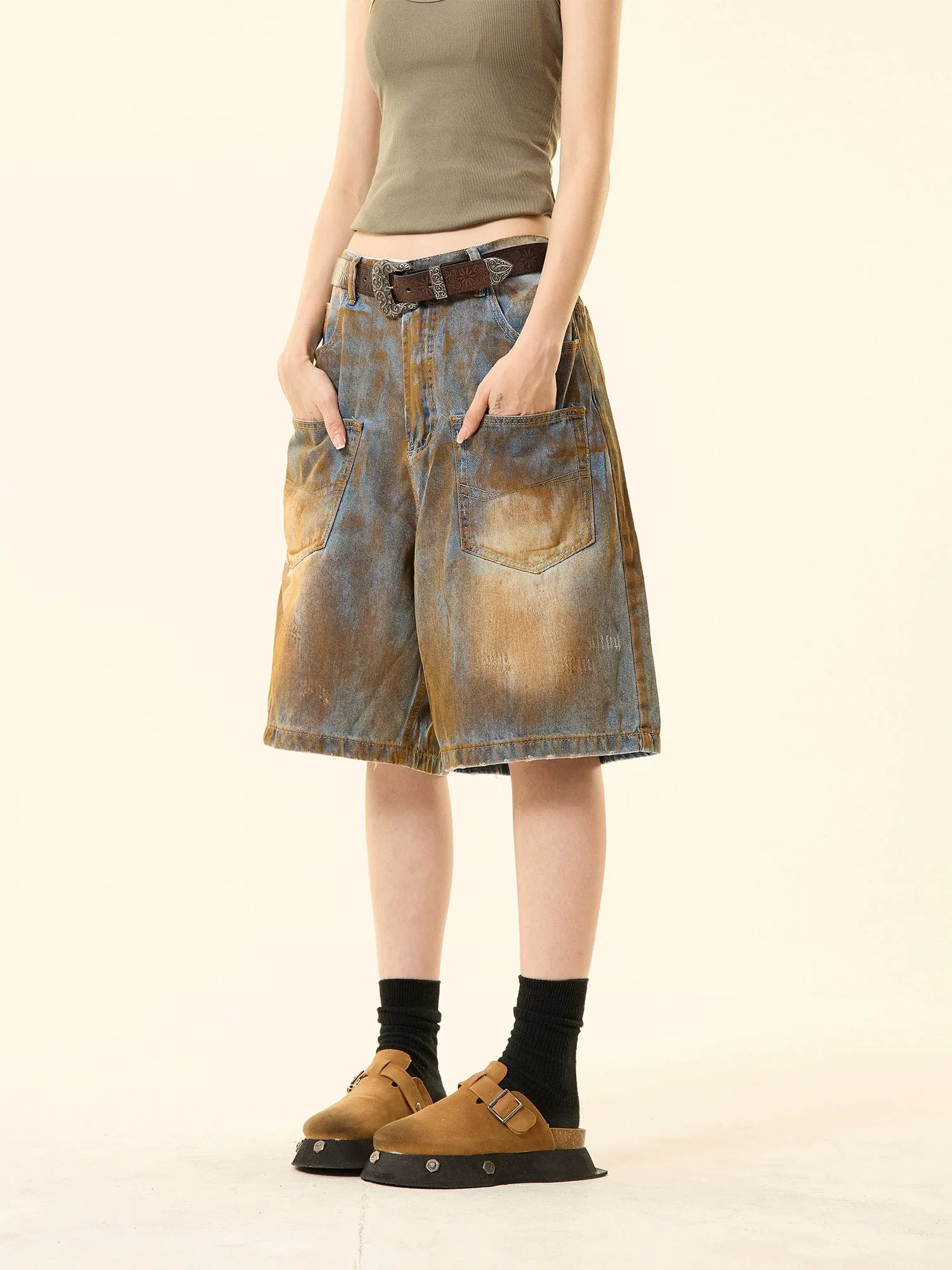 Sandblast Denim Bermuda Shorts with Oversized Pockets