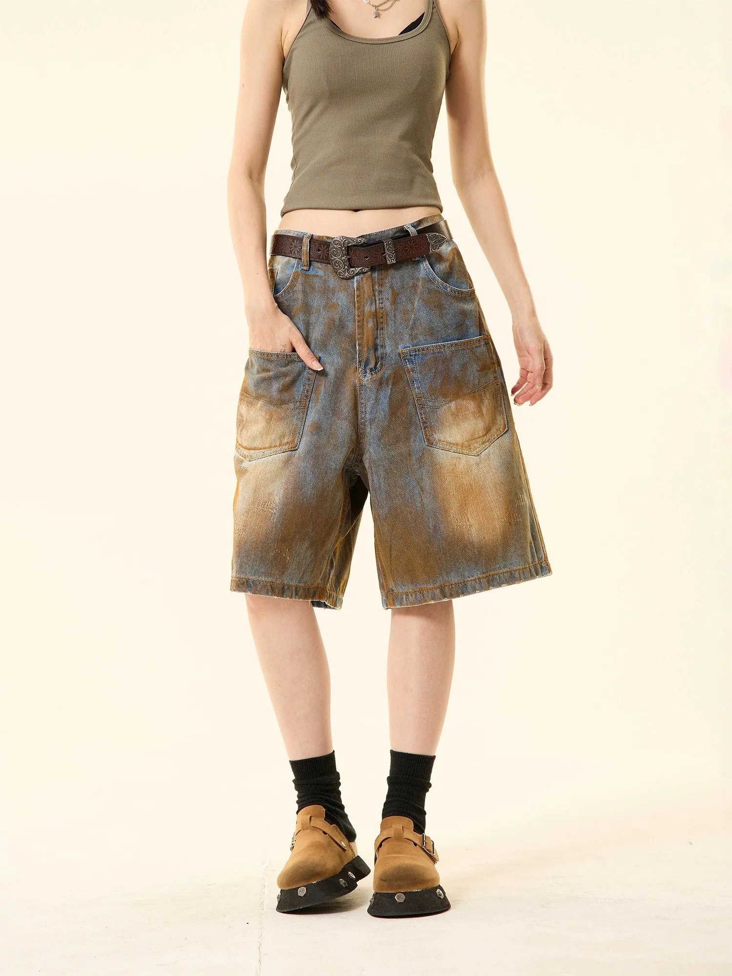 Sandblast Denim Bermuda Shorts with Oversized Pockets