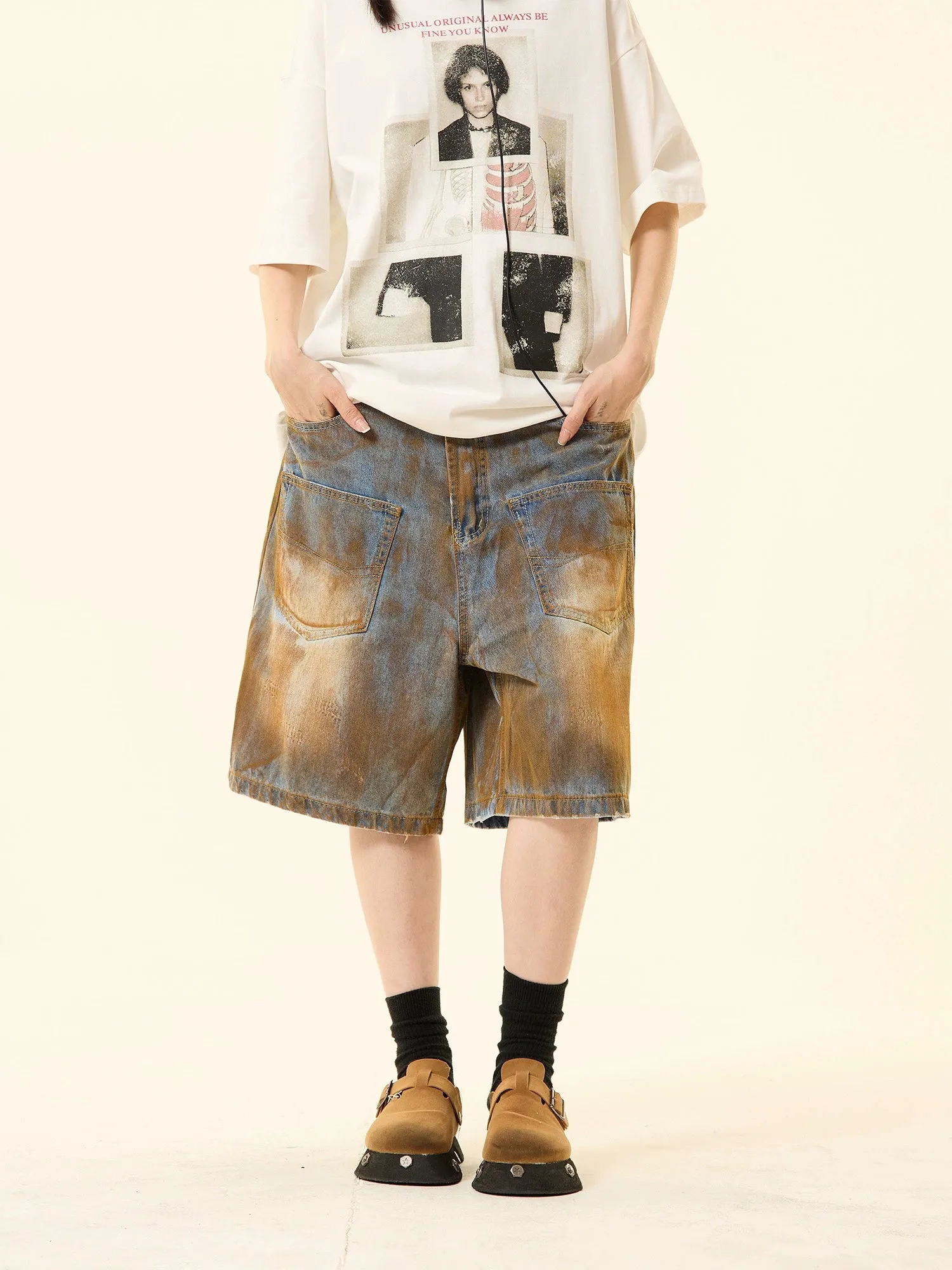 Sandblast Denim Bermuda Shorts with Oversized Pockets