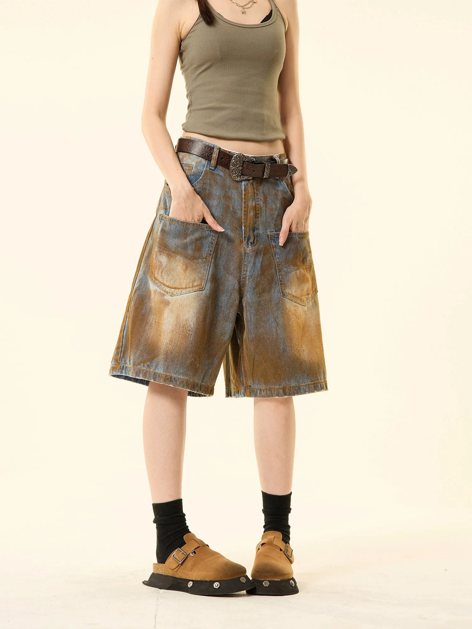 Sandblast Denim Bermuda Shorts with Oversized Pockets