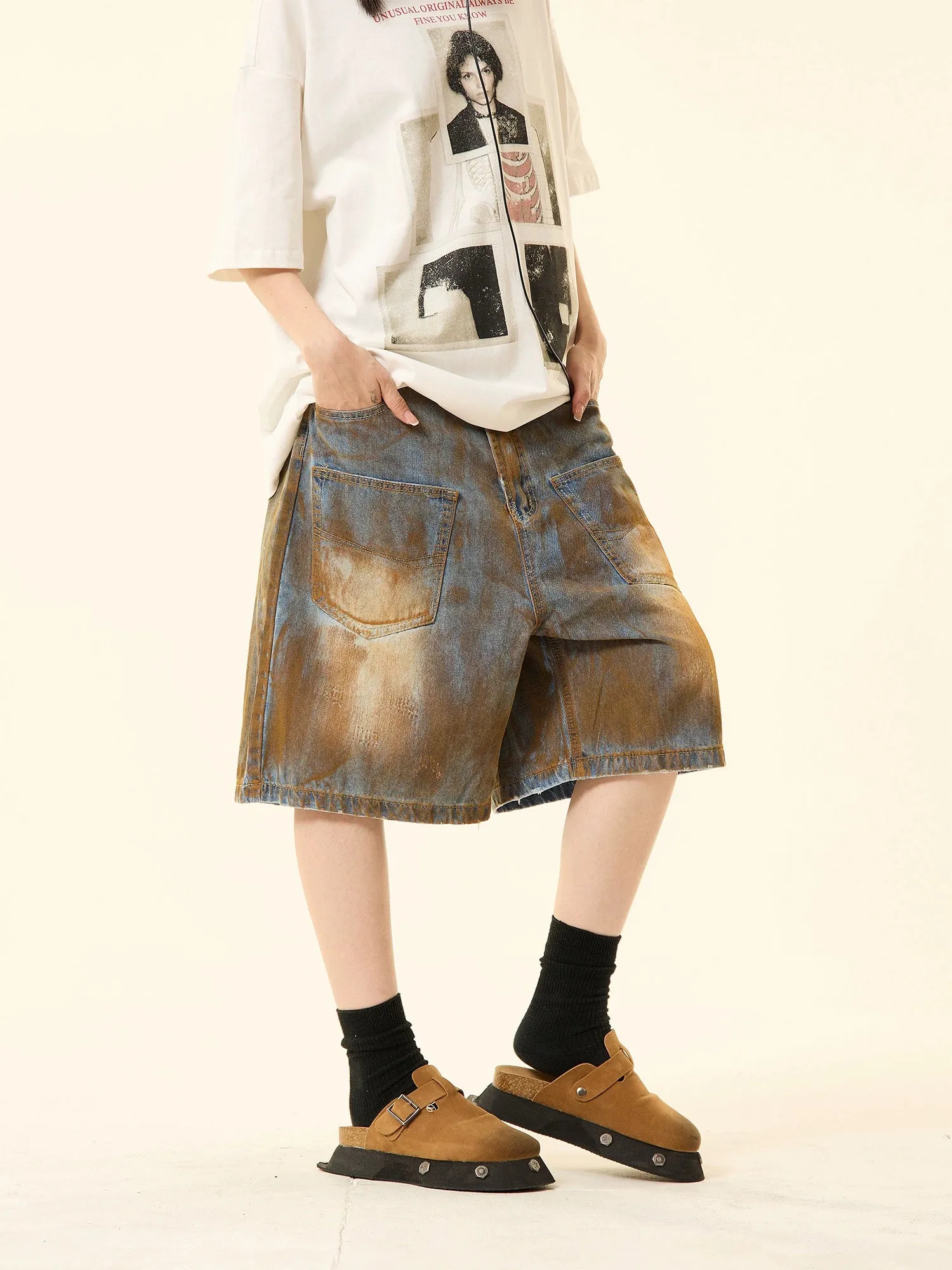 Sandblast Denim Bermuda Shorts with Oversized Pockets